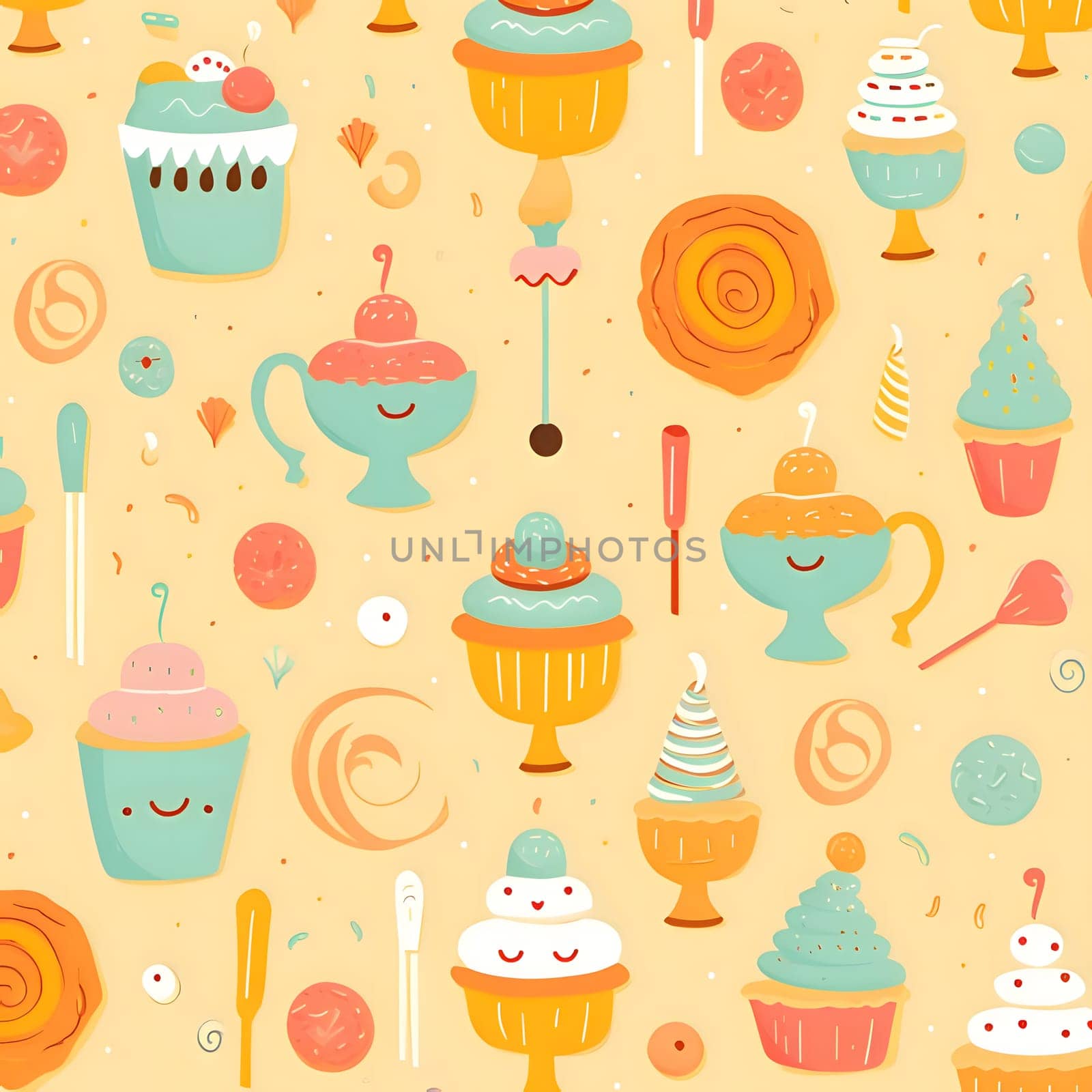 Seamless pattern with cupcakes, lollipops, ice cream and other sweets. by ThemesS