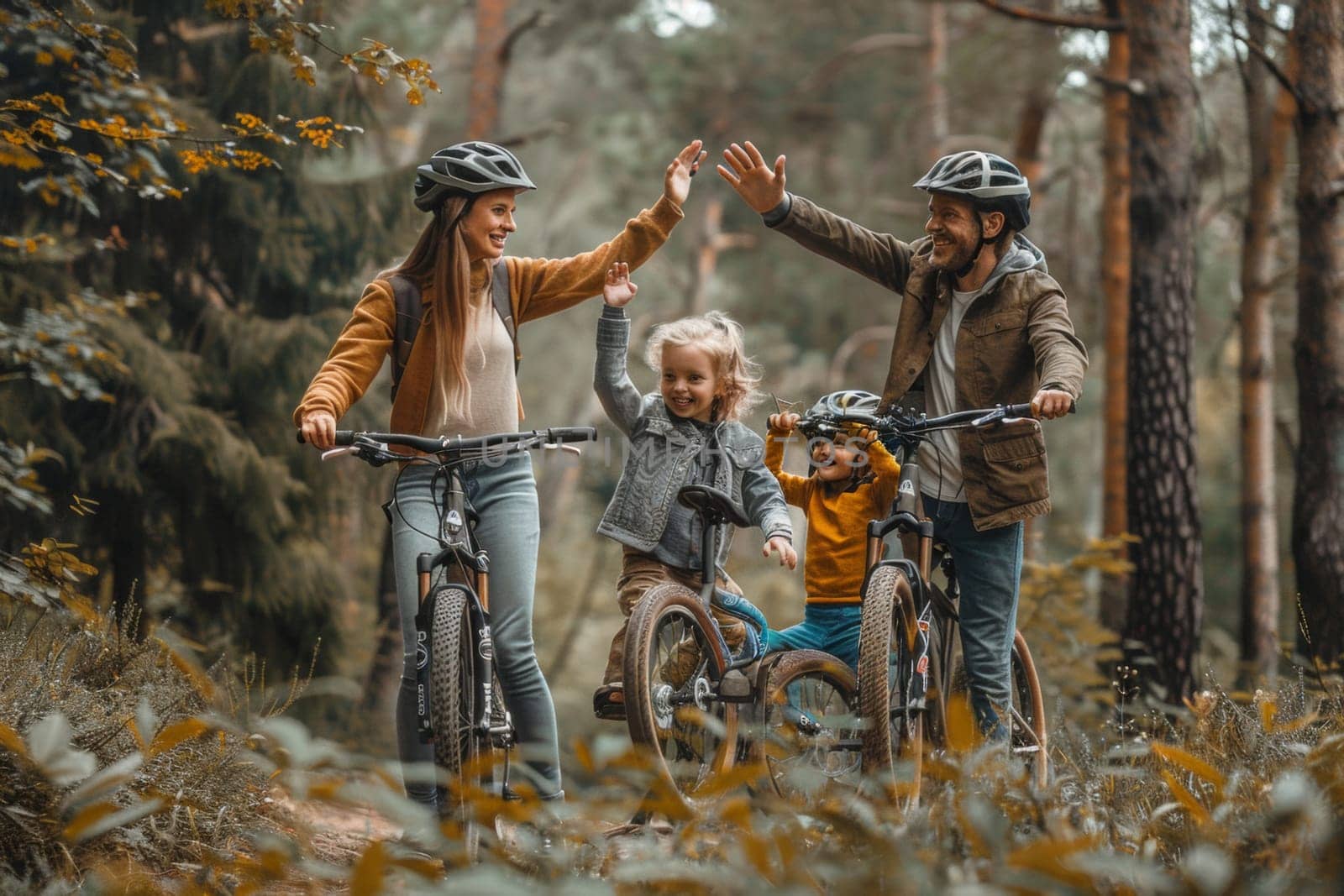 Happy young family with little children spending time together on a bike ride in nature.