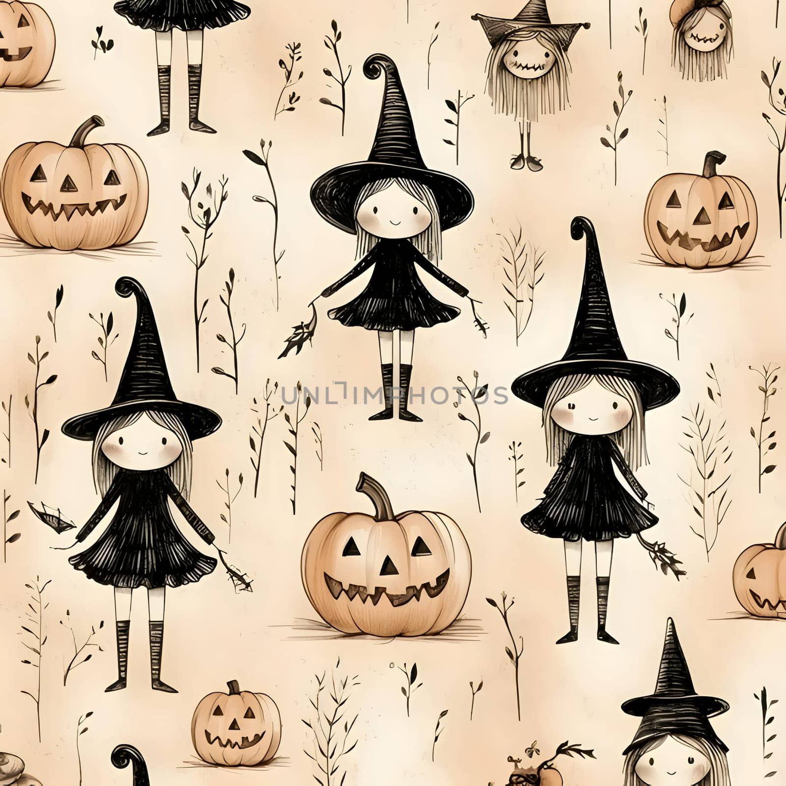 Patterns and banners backgrounds: Seamless pattern with cute little witches and pumpkins.