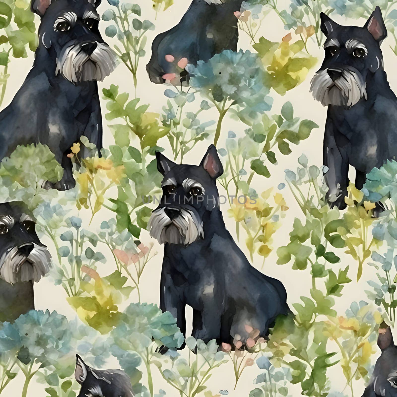 Patterns and banners backgrounds: Watercolor seamless pattern with black schnauzer dogs and flowers