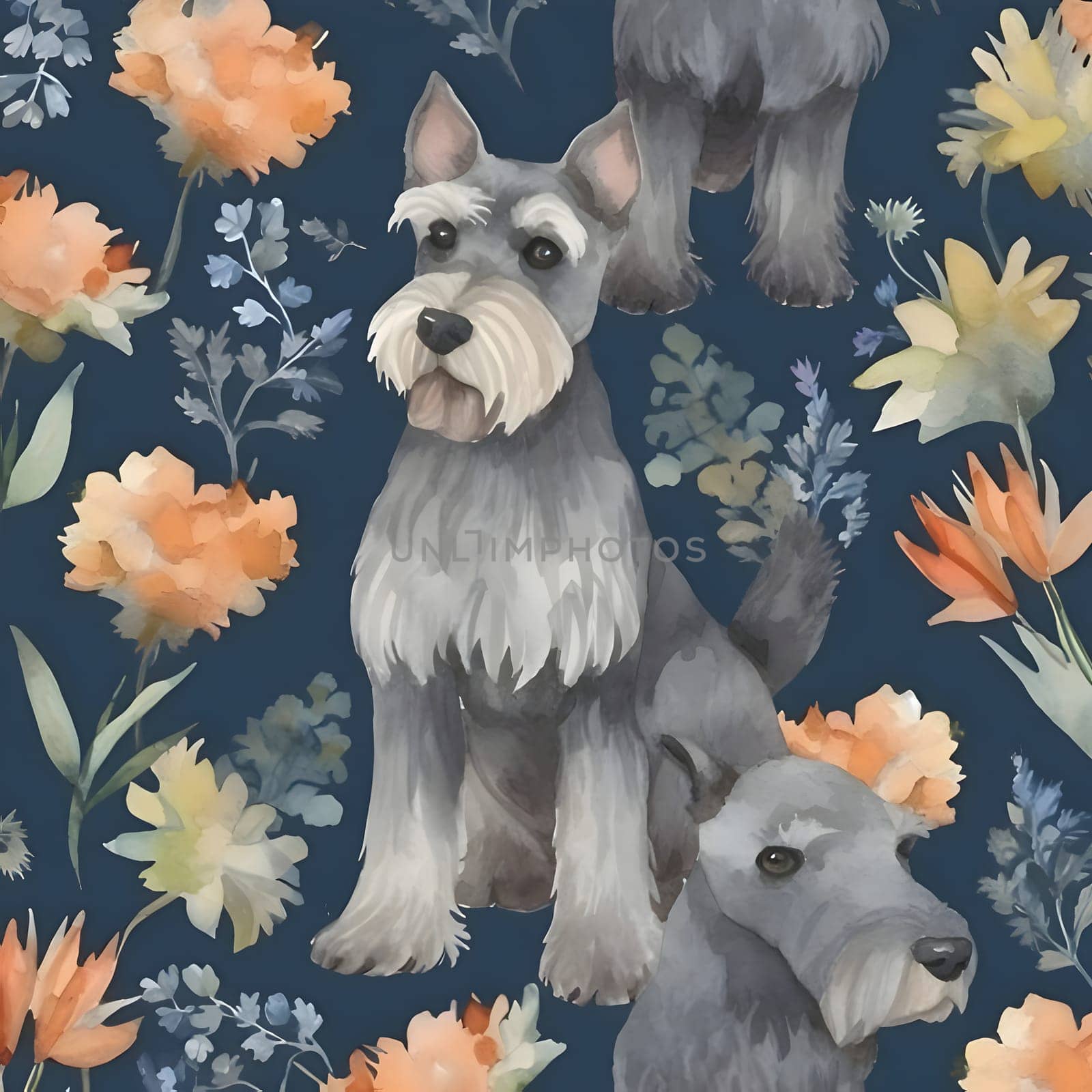 Patterns and banners backgrounds: Seamless pattern with watercolor cute miniature schnauzer and flowers