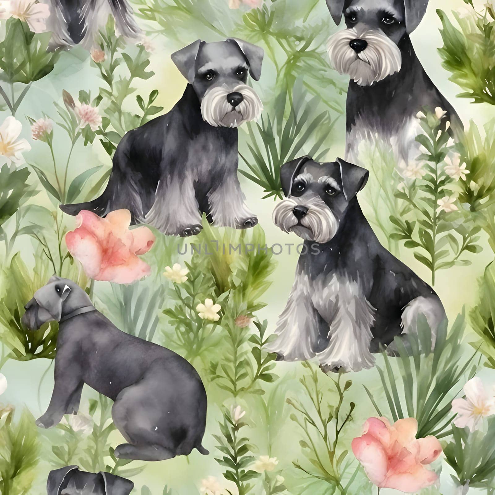 Watercolor seamless pattern with cute miniature schnauzer and flowers by ThemesS