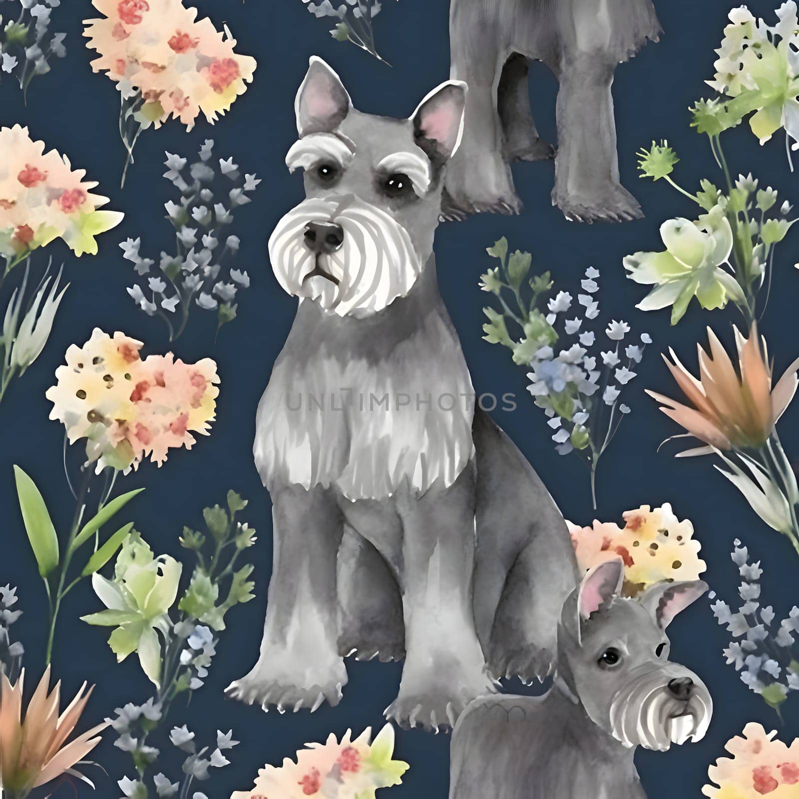 Patterns and banners backgrounds: Seamless pattern with dogs and flowers. Watercolor illustration.