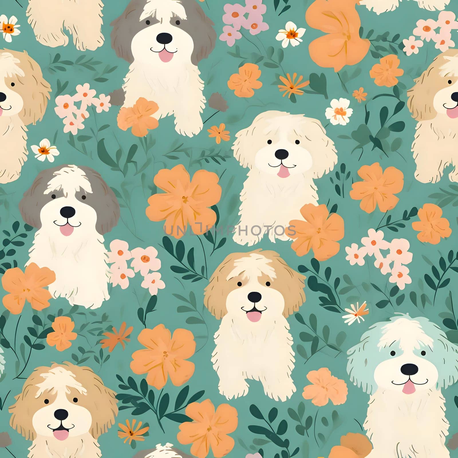 Seamless pattern with cute dogs and flowers. Vector illustration. by ThemesS