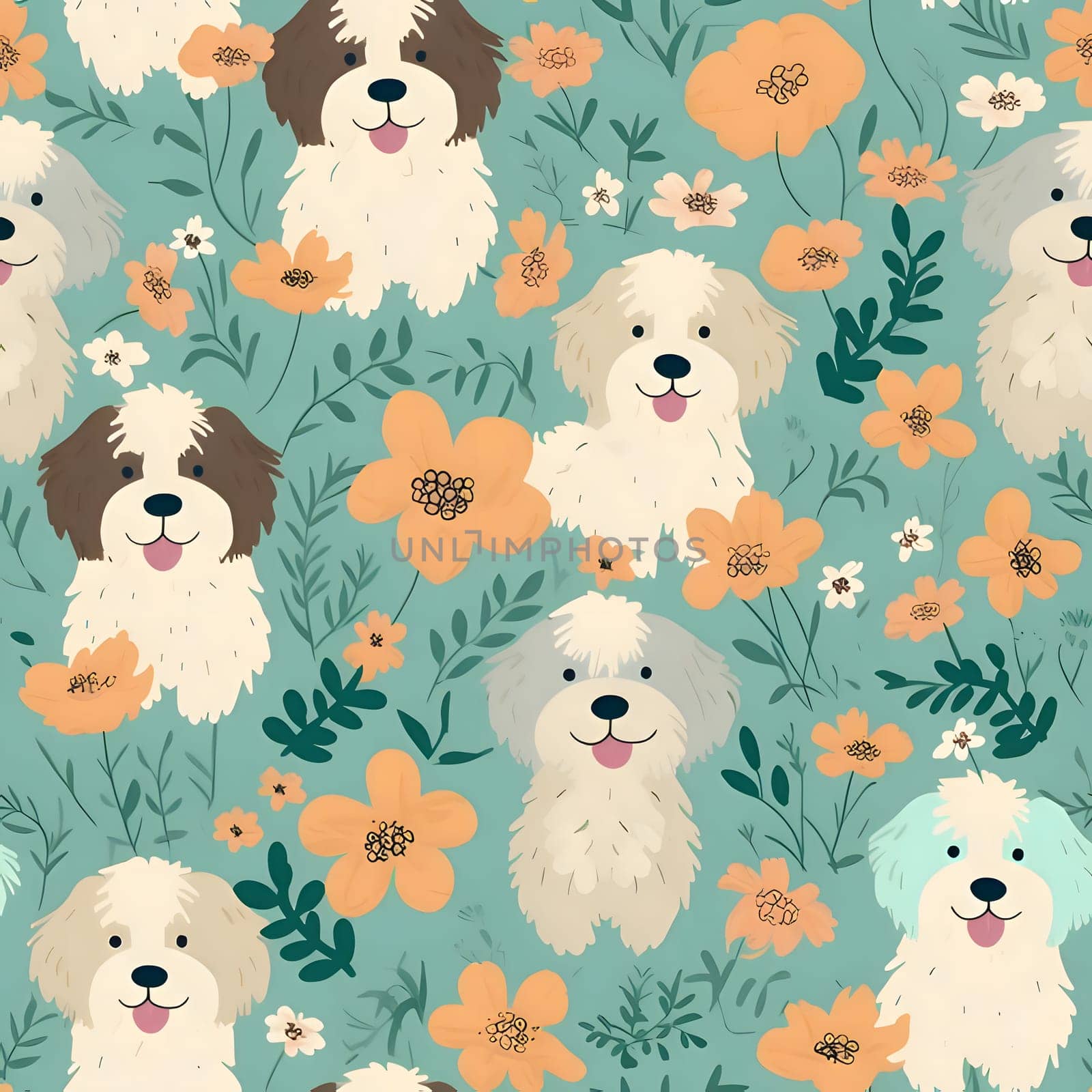 Patterns and banners backgrounds: Seamless pattern with cute dogs and flowers. Vector illustration.