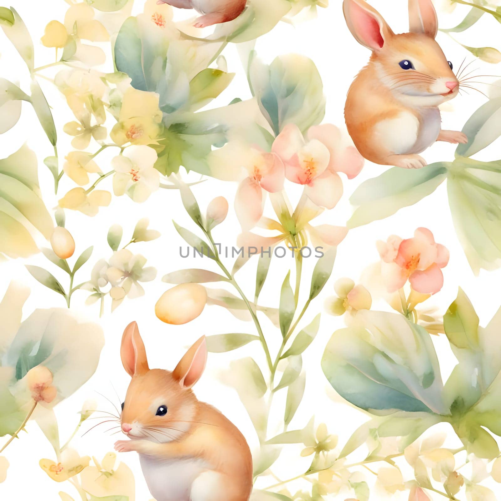 Seamless pattern with watercolor rabbits and flowers. Illustration by ThemesS