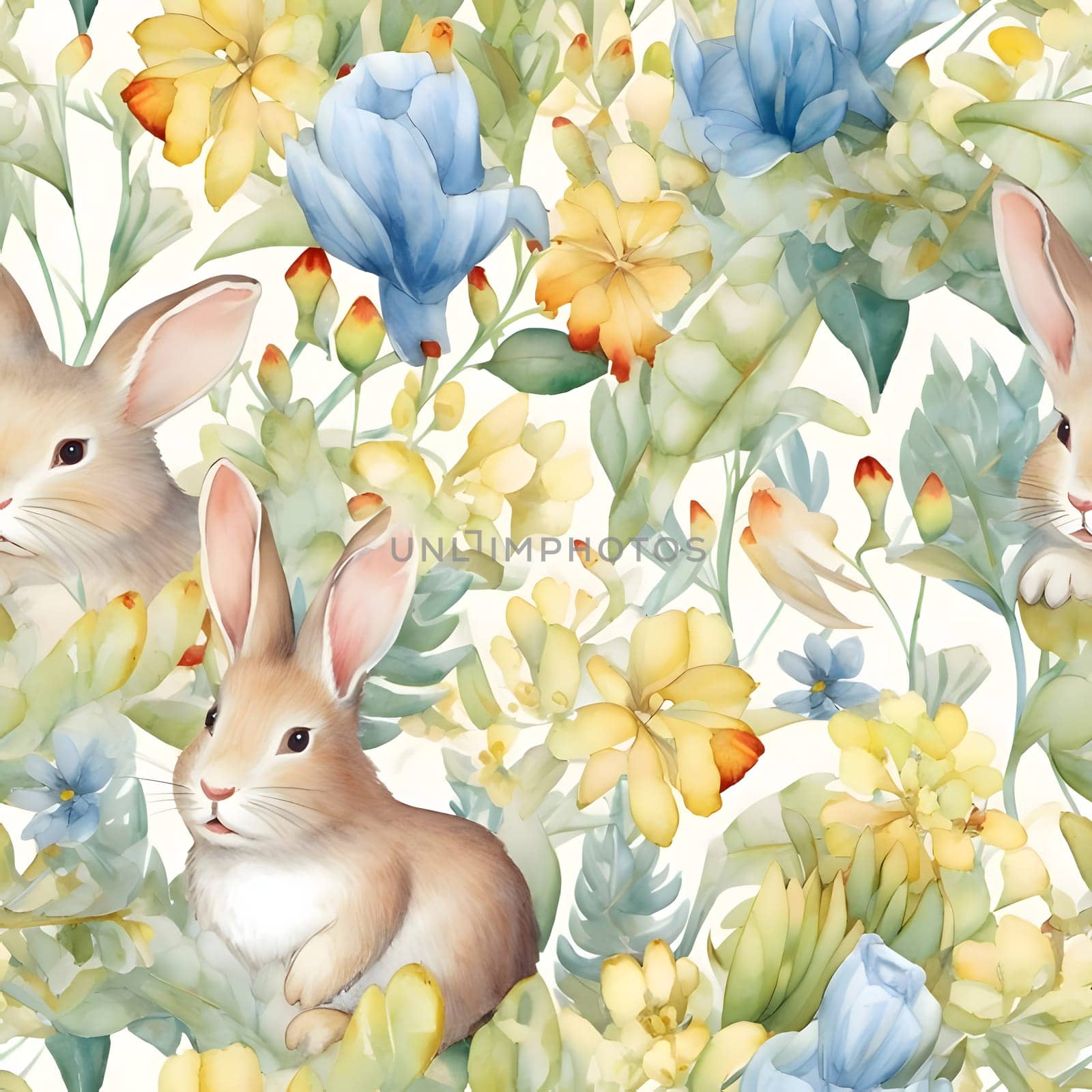 Patterns and banners backgrounds: Seamless pattern with watercolor flowers and cute bunnies