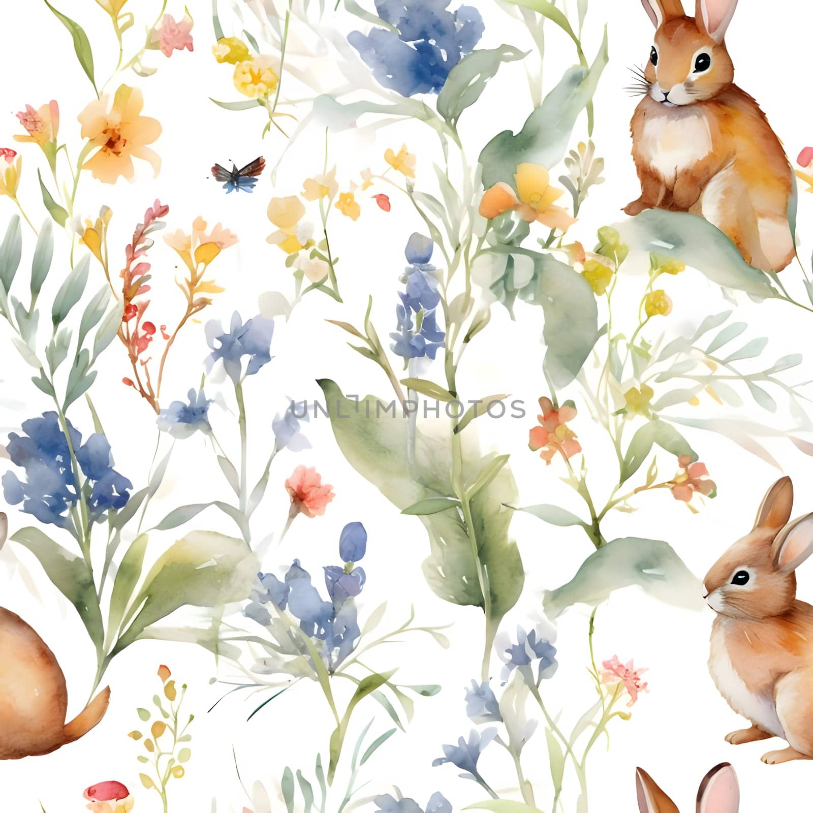 Seamless pattern with watercolor flowers and rabbits. Hand painted illustration by ThemesS