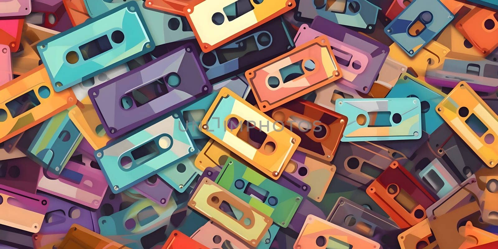 Seamless pattern with colorful audio cassettes. Vector illustration. by ThemesS