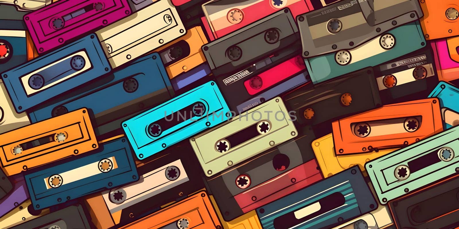 Seamless pattern with vintage audio cassettes. Vector illustration. by ThemesS