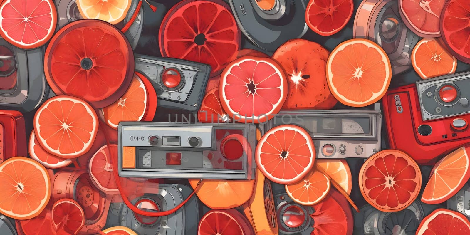 Seamless pattern with vintage cameras, grapefruits and oranges. by ThemesS