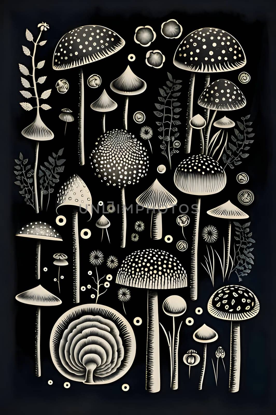 Hand drawn mushrooms. Vector illustration on chalkboard. Black and white. by ThemesS