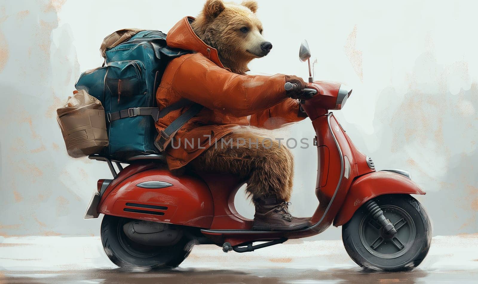 Children's illustration, a bear on a motorcycle with a backpack. Selective soft focus.