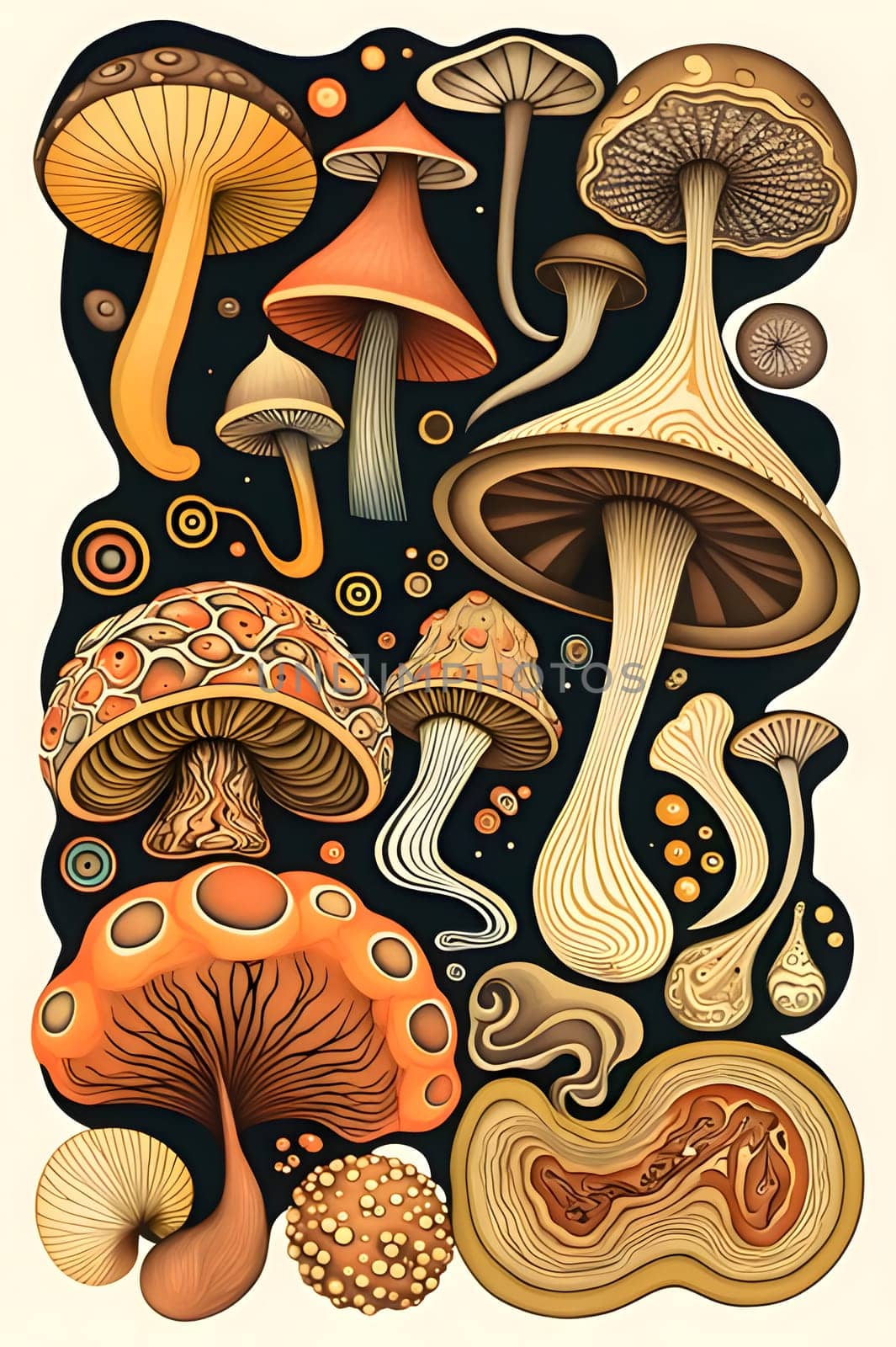 Set of mushrooms in cartoon style on a black background. Vector illustration by ThemesS