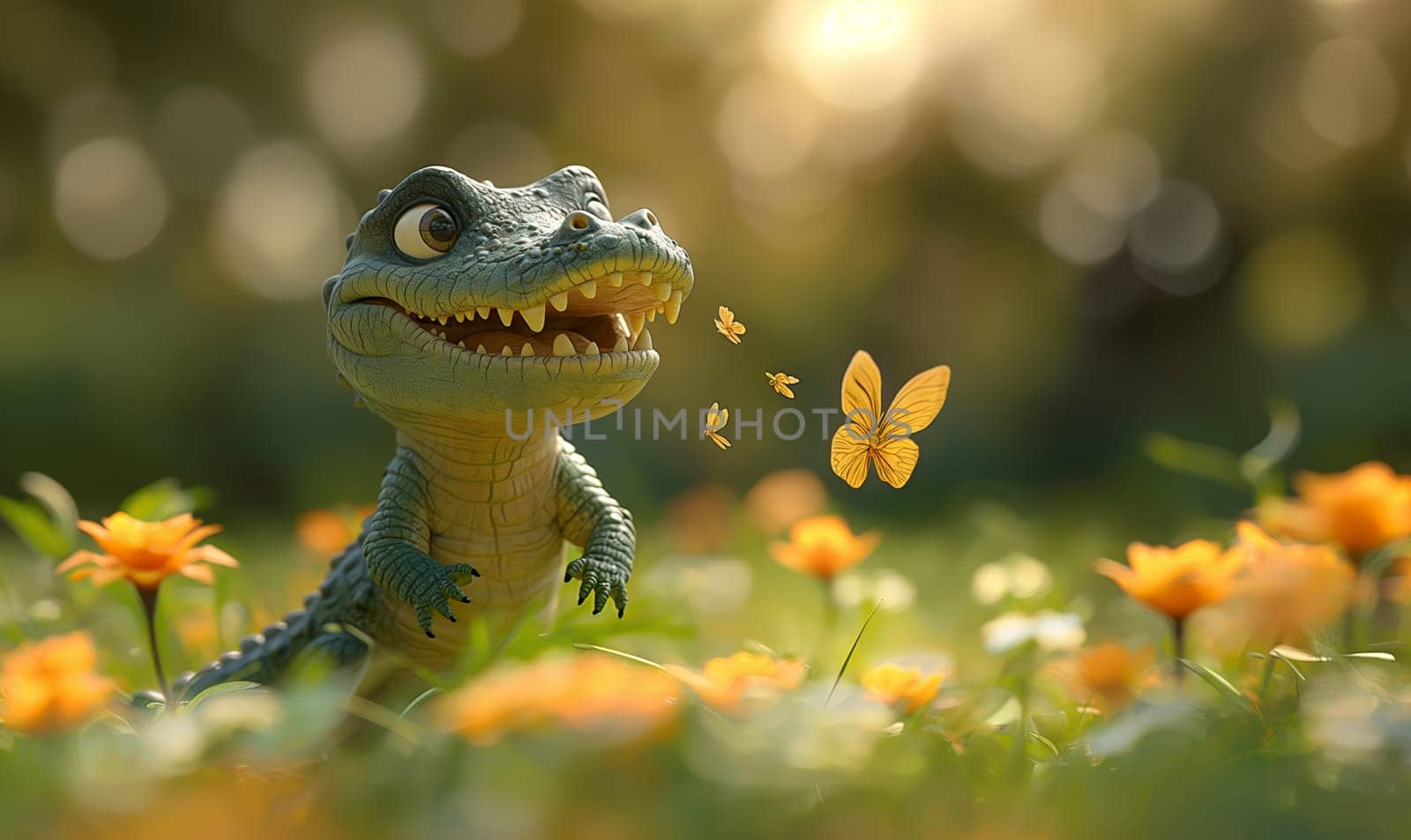 Children's illustration, a crocodile catches butterflies. by Fischeron