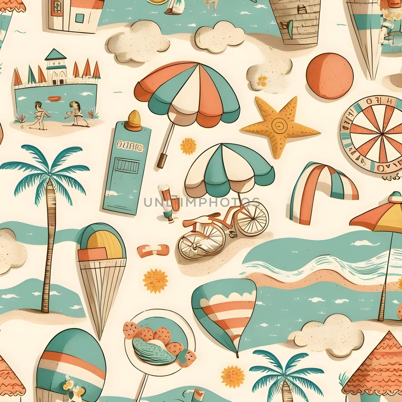 Seamless pattern with beach and travel elements. Vector illustration. by ThemesS