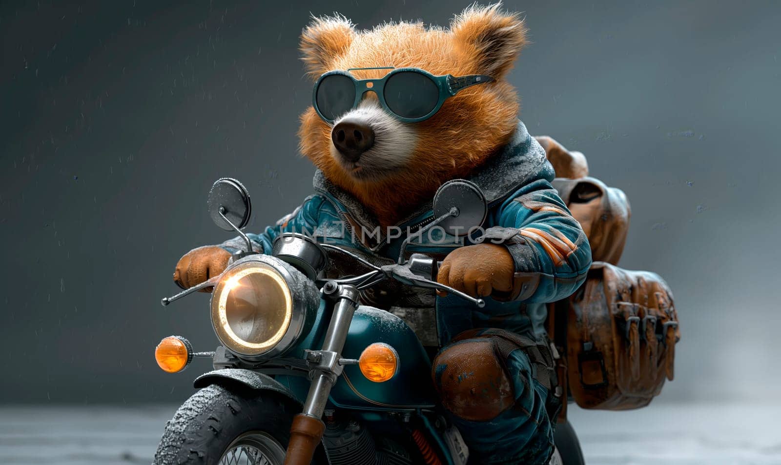 Children's illustration, a bear in sunglasses on a motorcycle. Selective soft focus.