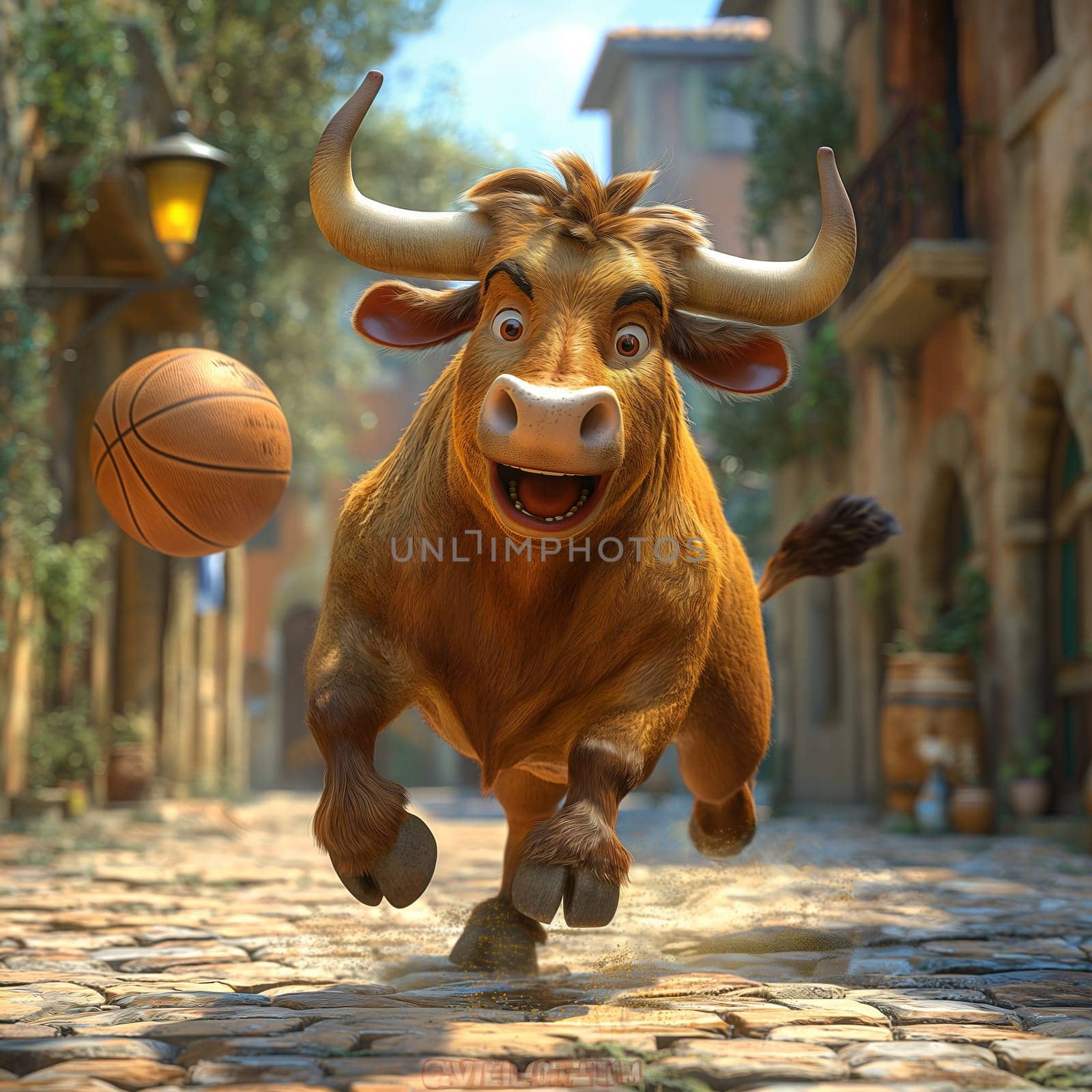 3D illustration of a bull playing basketball. by Fischeron