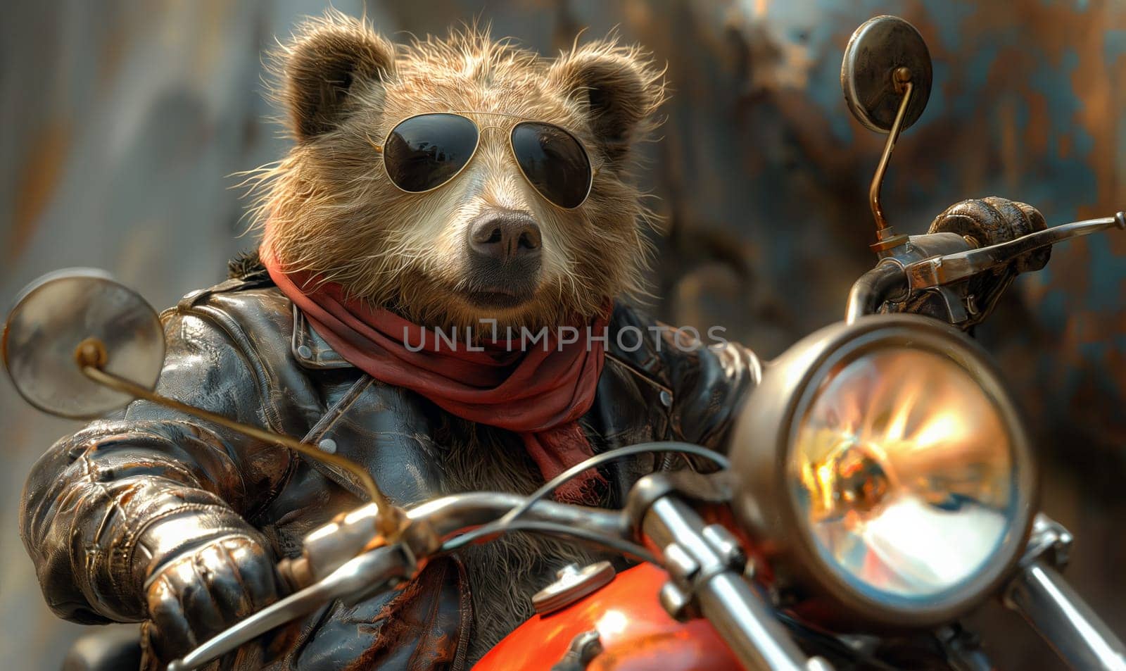 Children's illustration, a bear in sunglasses on a motorcycle. by Fischeron