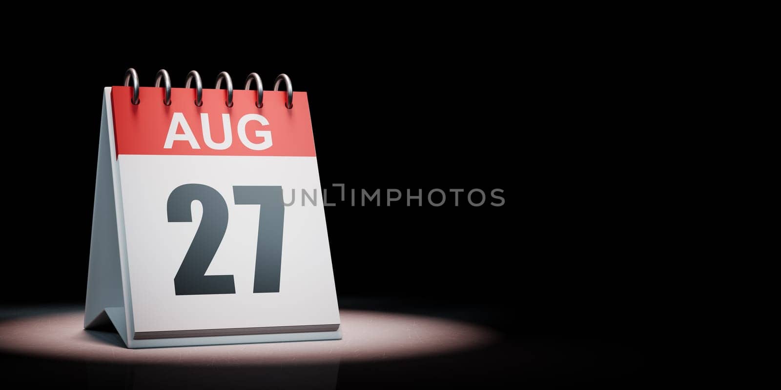 Red and White August 27 Desk Calendar Spotlighted on Black Background with Copy Space 3D Illustration