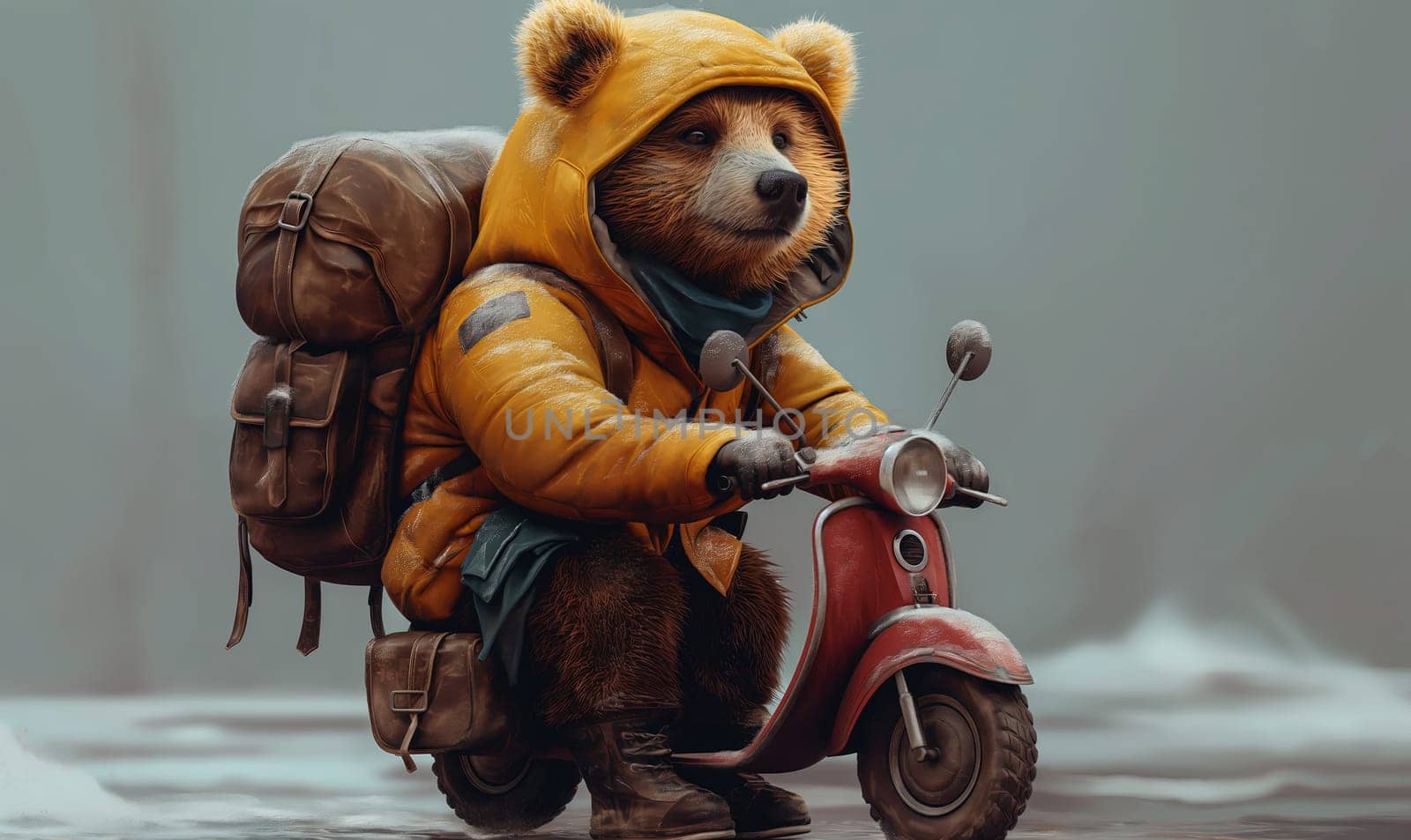 Children's illustration, a bear on a motorcycle with a backpack. by Fischeron