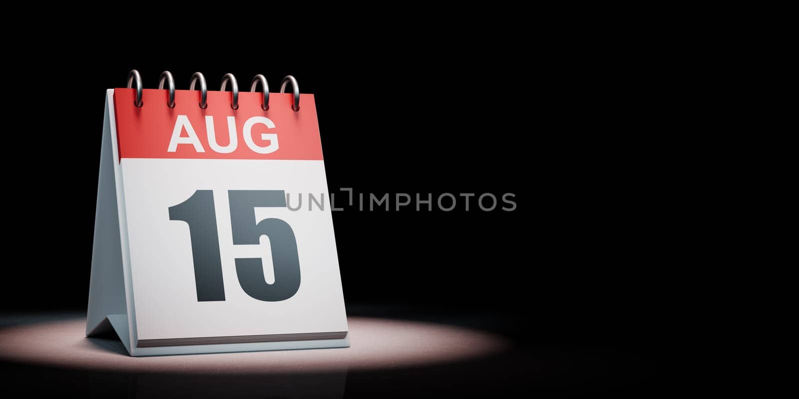Red and White August 15 Desk Calendar Spotlighted on Black Background with Copy Space 3D Illustration