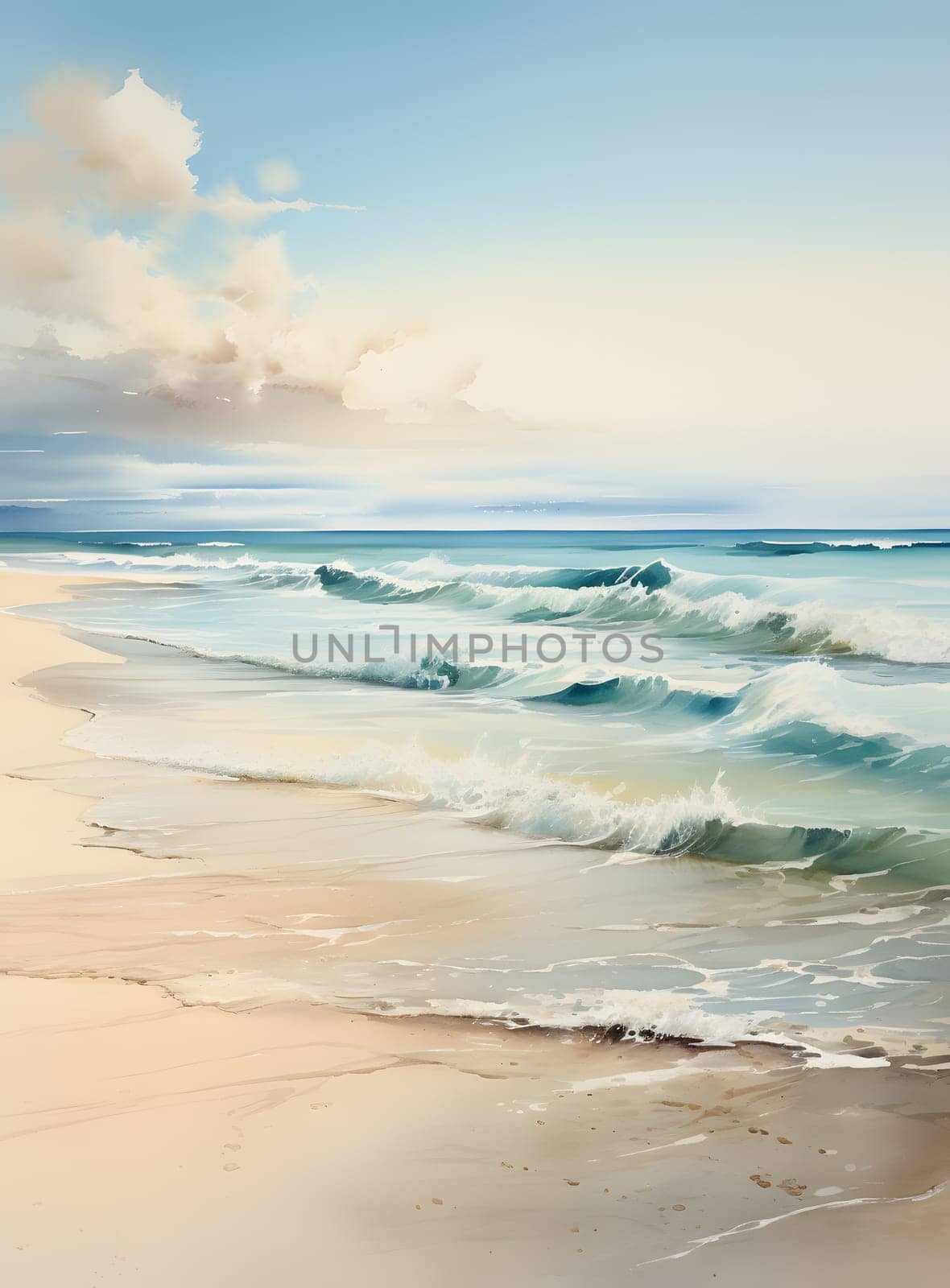 A coastal natural landscape painting of waves crashing on the sandy beach under a cloudy sky, with fluid water meeting the horizon