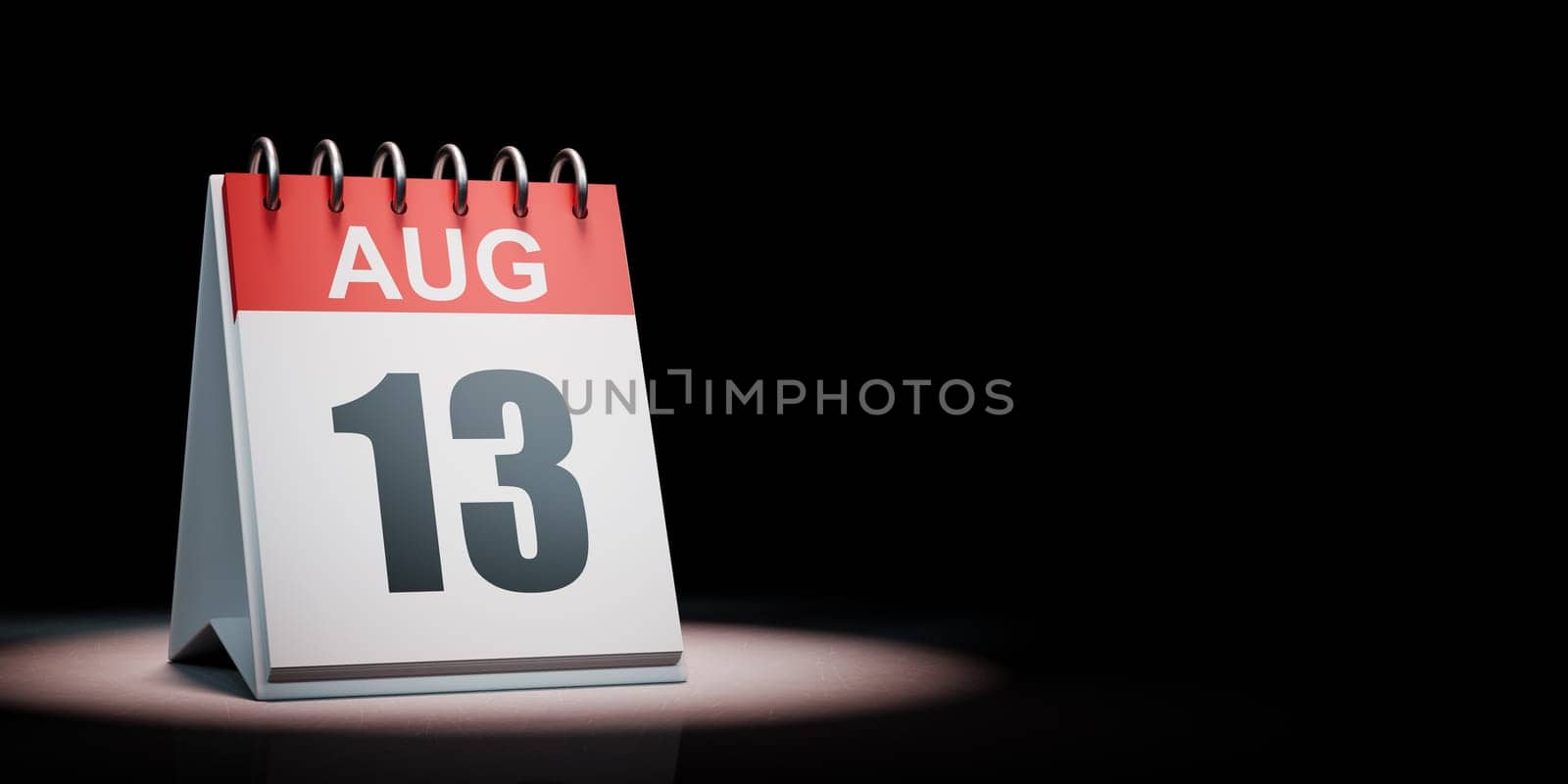 Red and White August 13 Desk Calendar Spotlighted on Black Background with Copy Space 3D Illustration