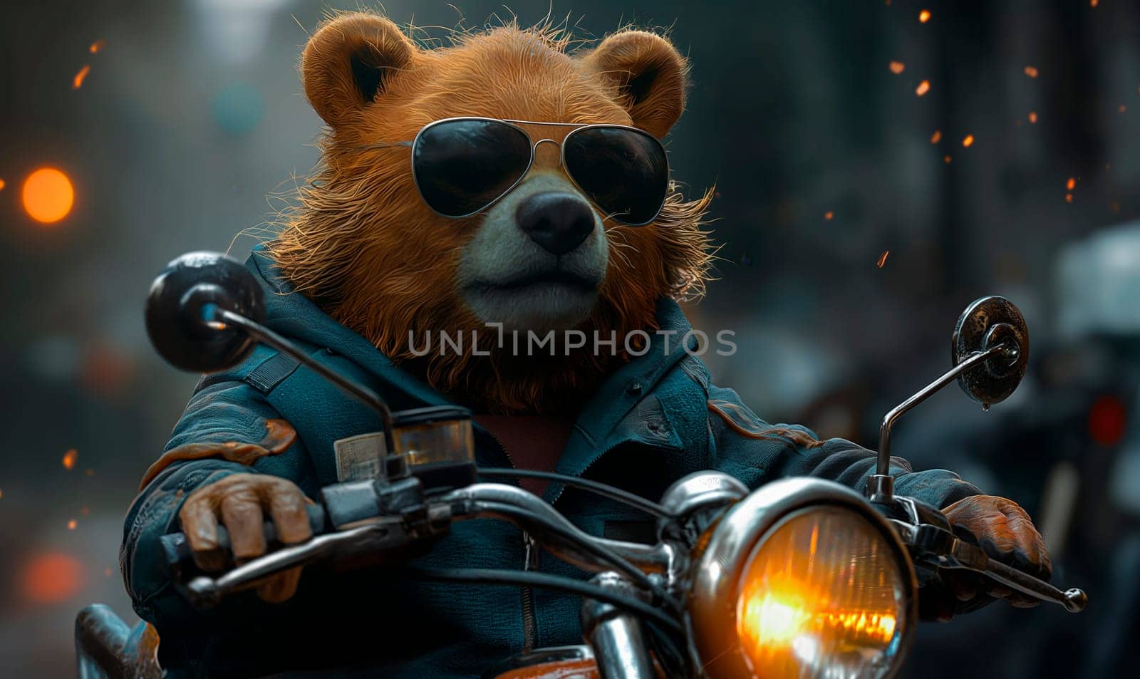 Children's illustration, a bear in sunglasses on a motorcycle. by Fischeron