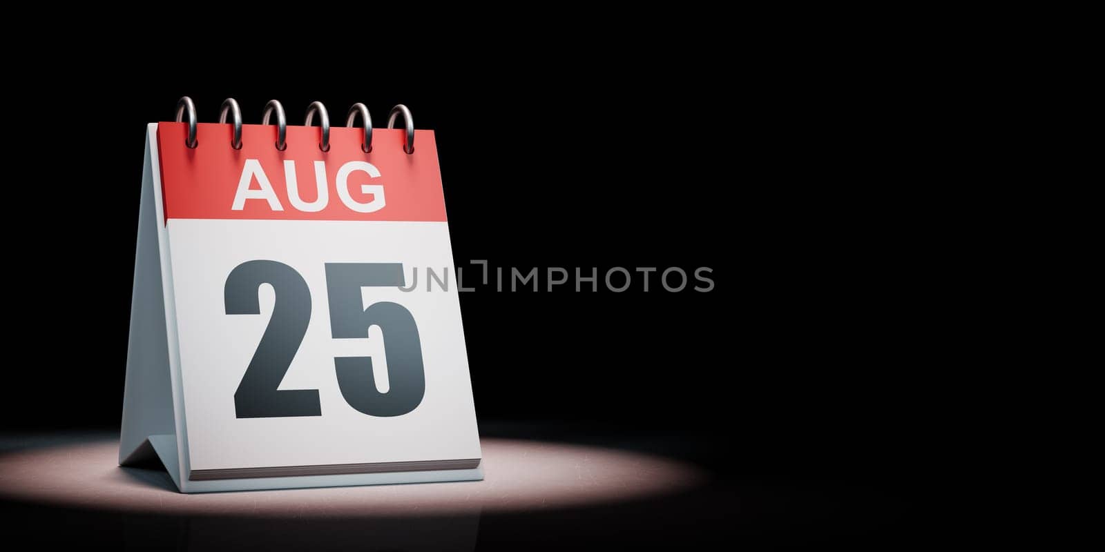 Red and White August 25 Desk Calendar Spotlighted on Black Background with Copy Space 3D Illustration