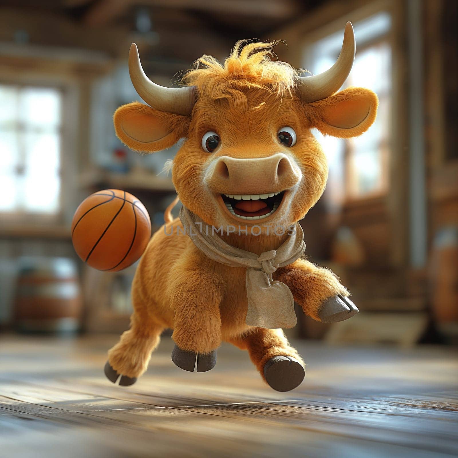 3D illustration of a bull playing basketball. Selective soft focus.