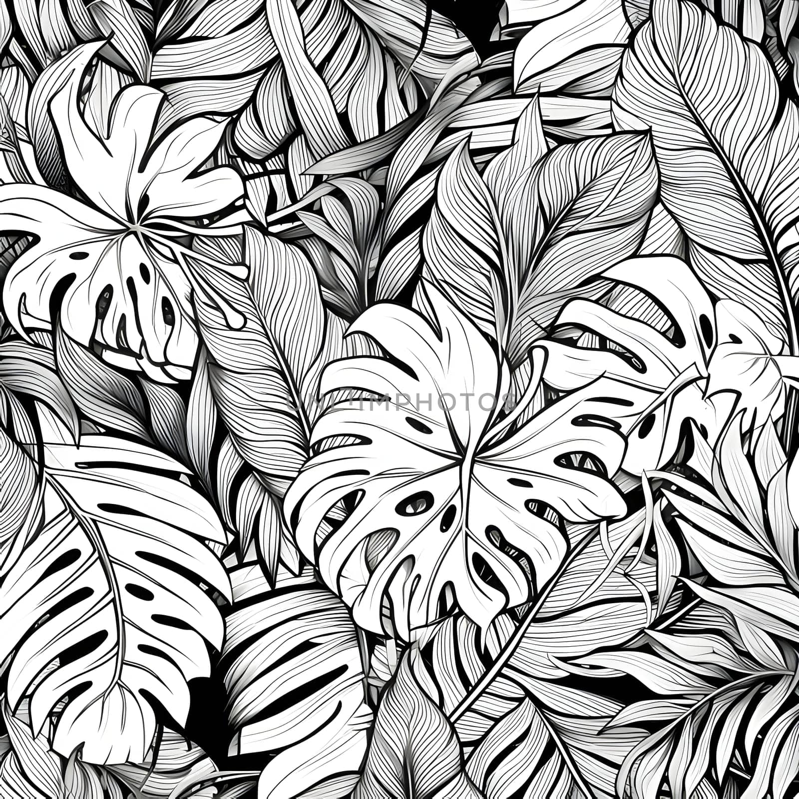 Patterns and banners backgrounds: Seamless pattern with monsters leaves. Black and white vector illustration.