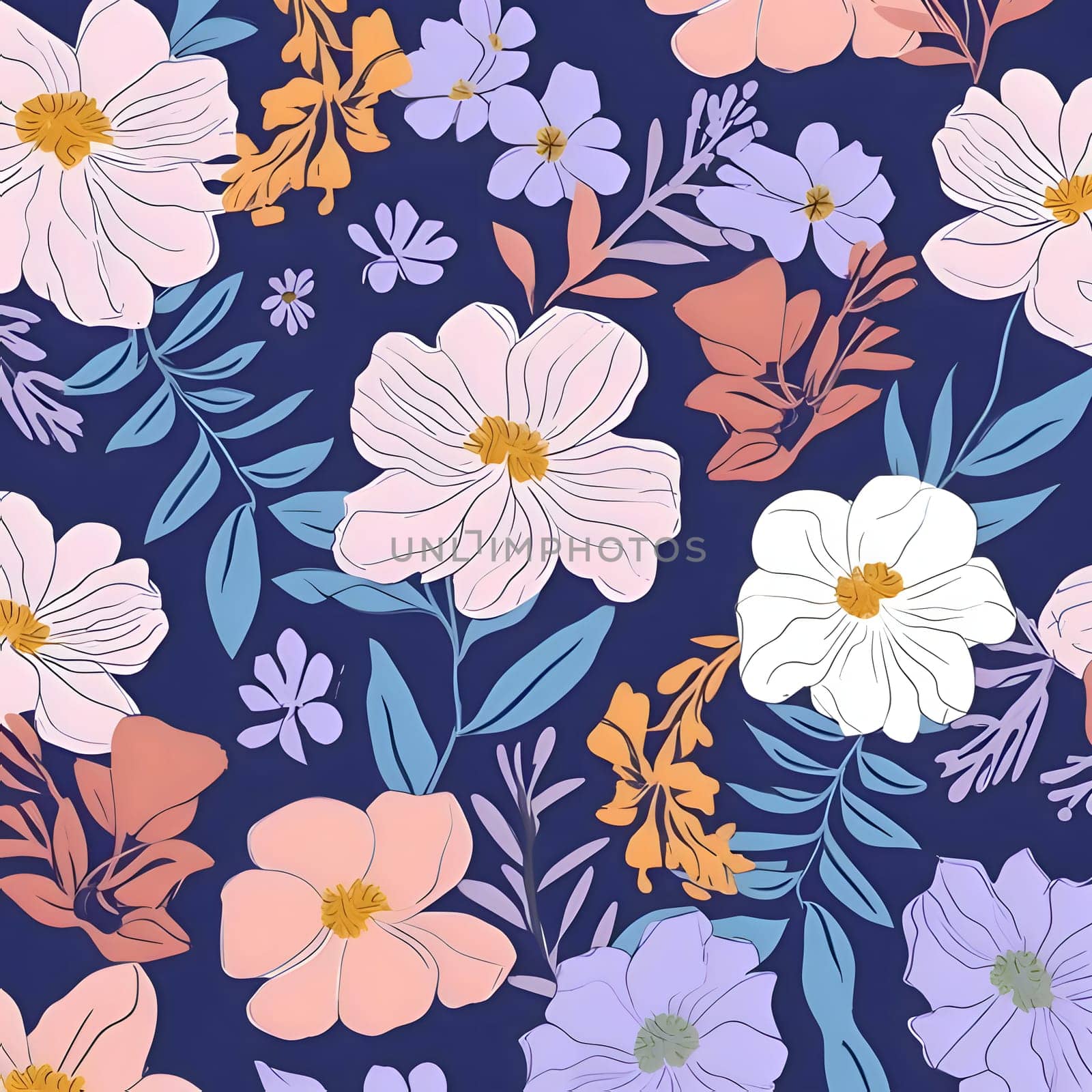Seamless pattern with flowers and leaves on dark blue background. by ThemesS