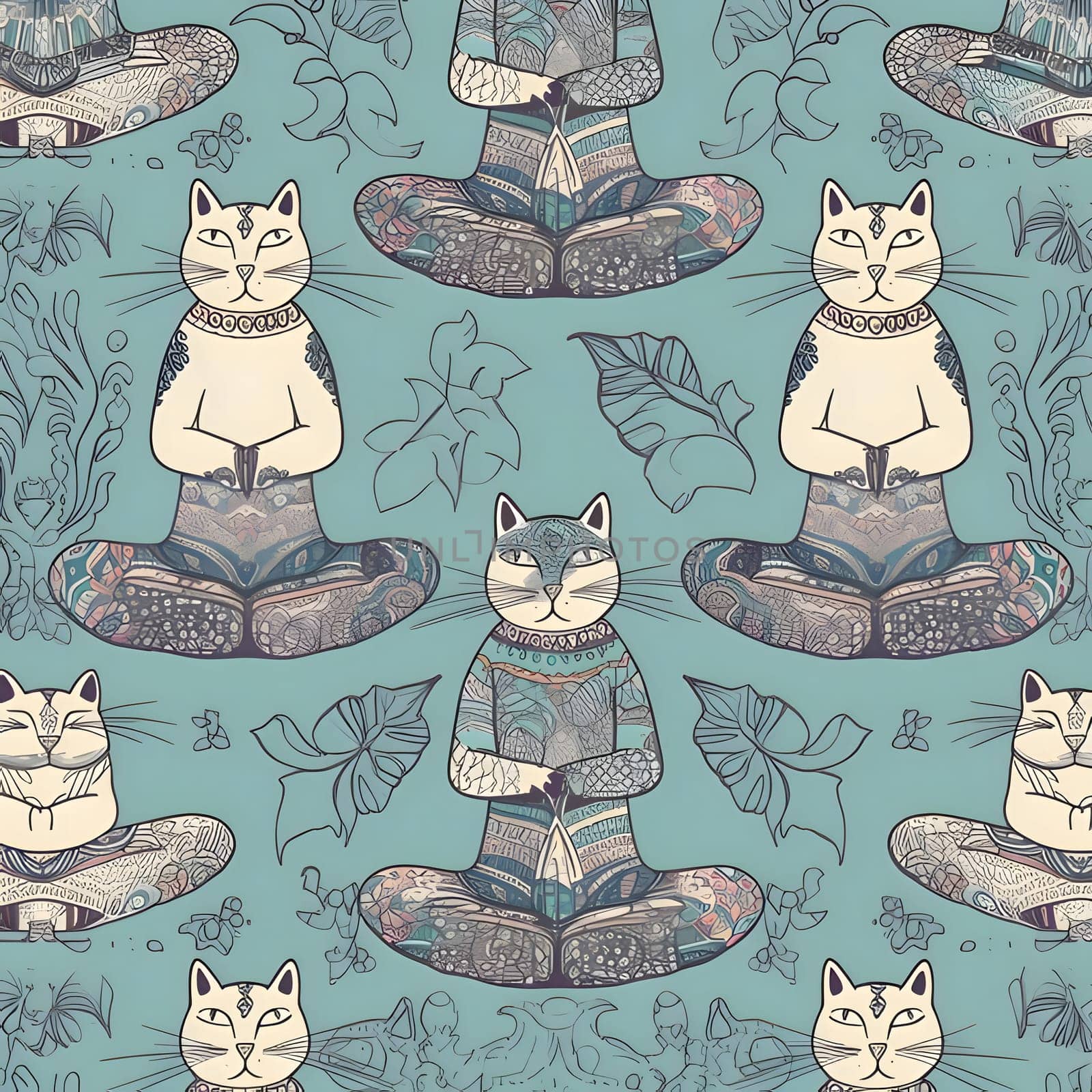 Seamless pattern with cats and plants. Hand-drawn illustration. by ThemesS