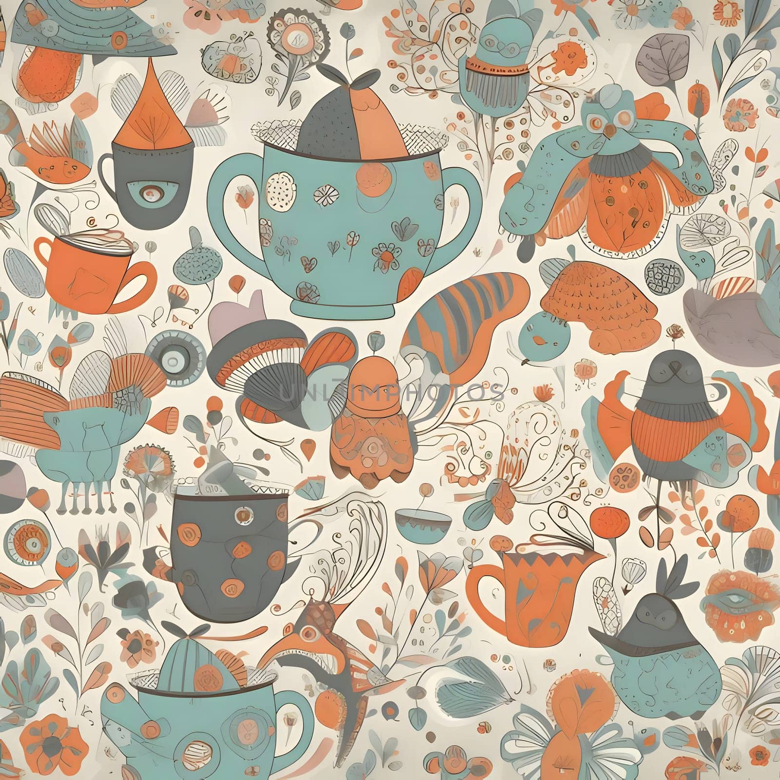 Patterns and banners backgrounds: Seamless pattern with teapots and cups of tea.