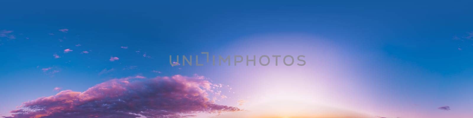 Dramatic Sunset sky 360 panorama. Vibrant sky with bright glowing red pink Cumulus clouds. HDR 360 seamless spherical panorama. Sky dome for aerial drone panoramas. Climate and weather change. by Matiunina