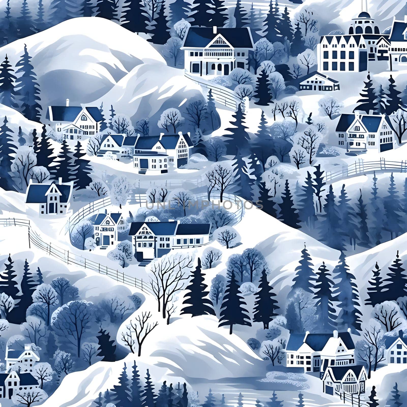 Patterns and banners backgrounds: Winter village. Seamless pattern with houses, trees and mountains.