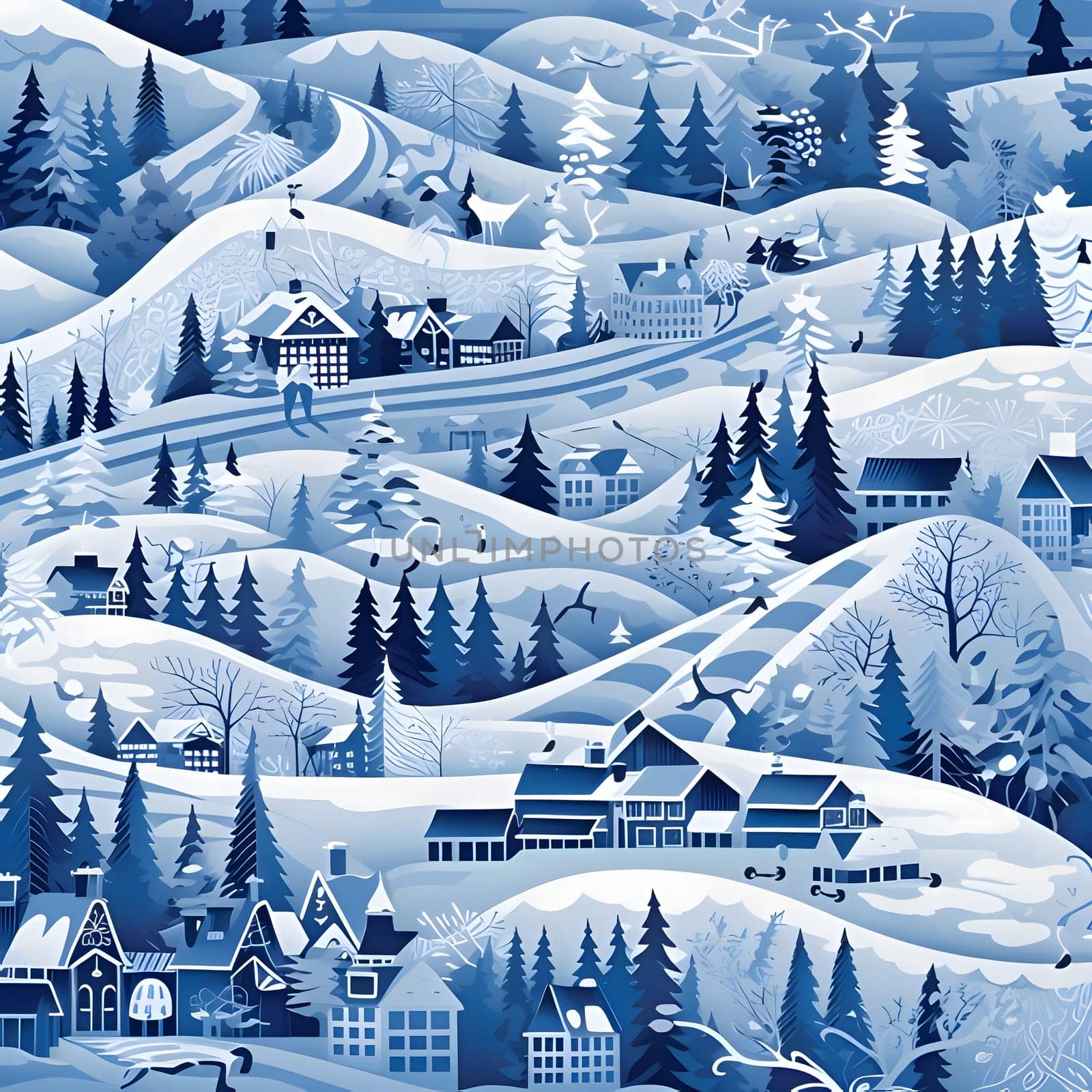 Winter landscape with houses and snowflakes. Christmas background. Vector illustration. by ThemesS