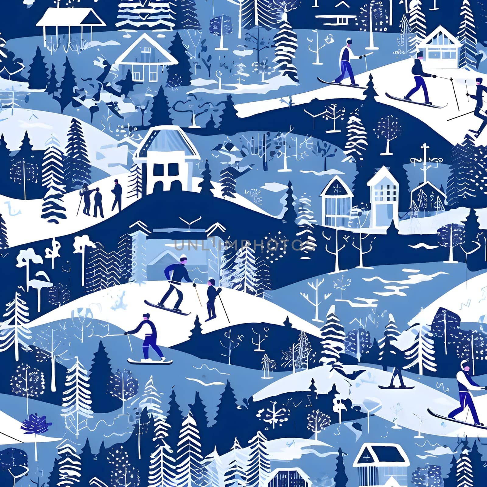 Patterns and banners backgrounds: Winter landscape with people skiing. Seamless pattern. Vector illustration.