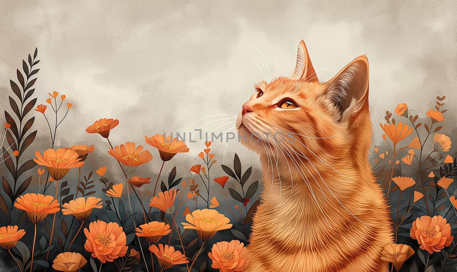 Illustration of a cat in flowers on a light background. Selective focus.