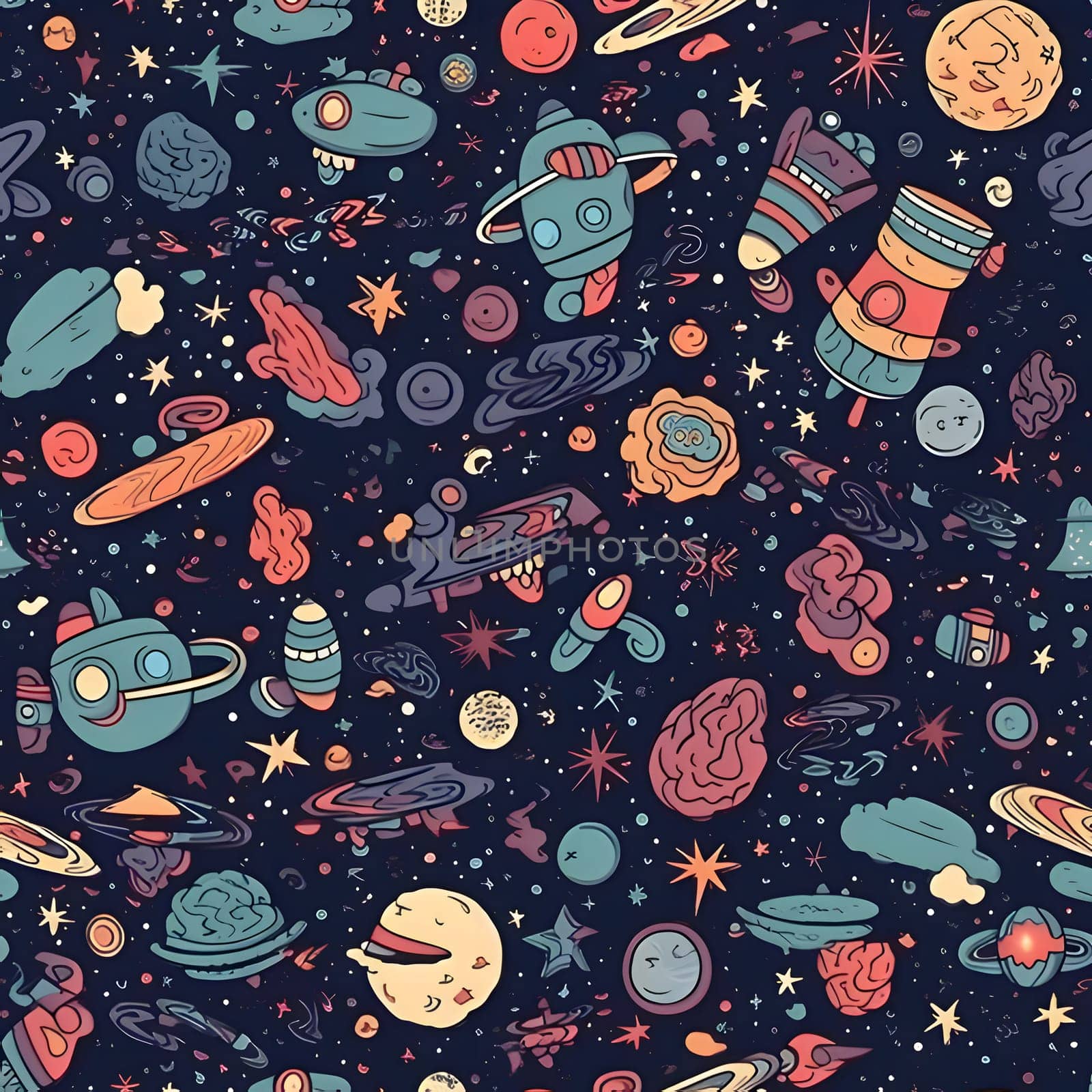 Seamless space pattern with planets, stars, comets and rockets. Hand drawn vector illustration by ThemesS