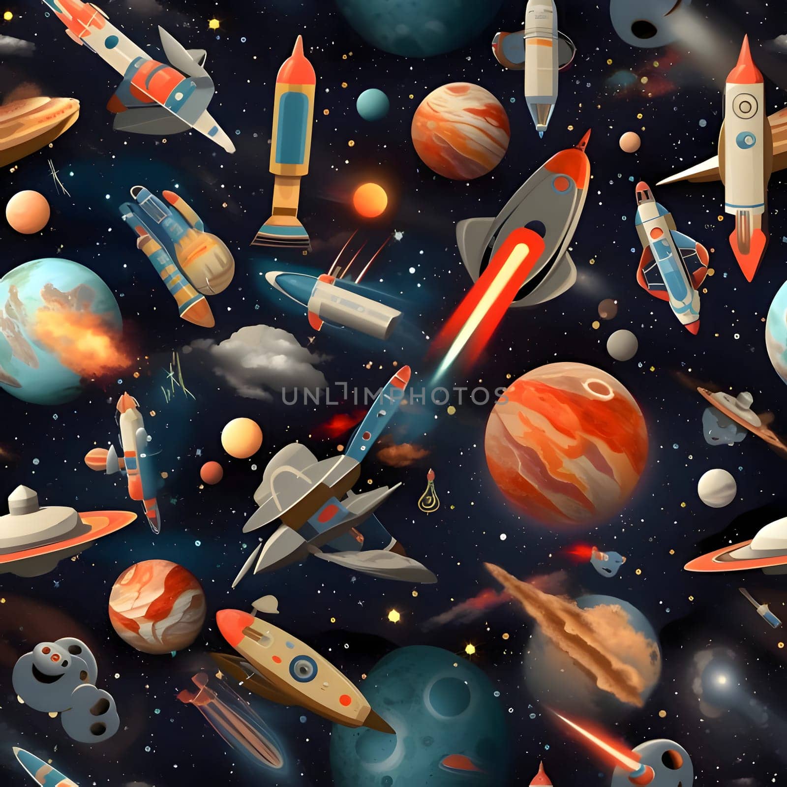 Patterns and banners backgrounds: Seamless pattern with rockets, planets and stars. Vector illustration.