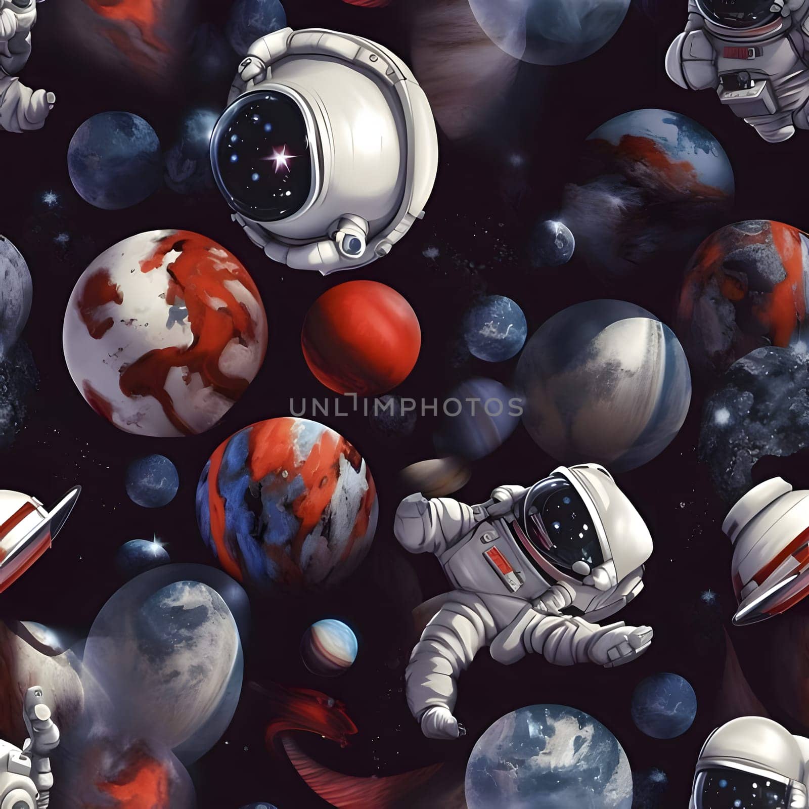 Seamless pattern with astronaut and planets in space. Space background. by ThemesS
