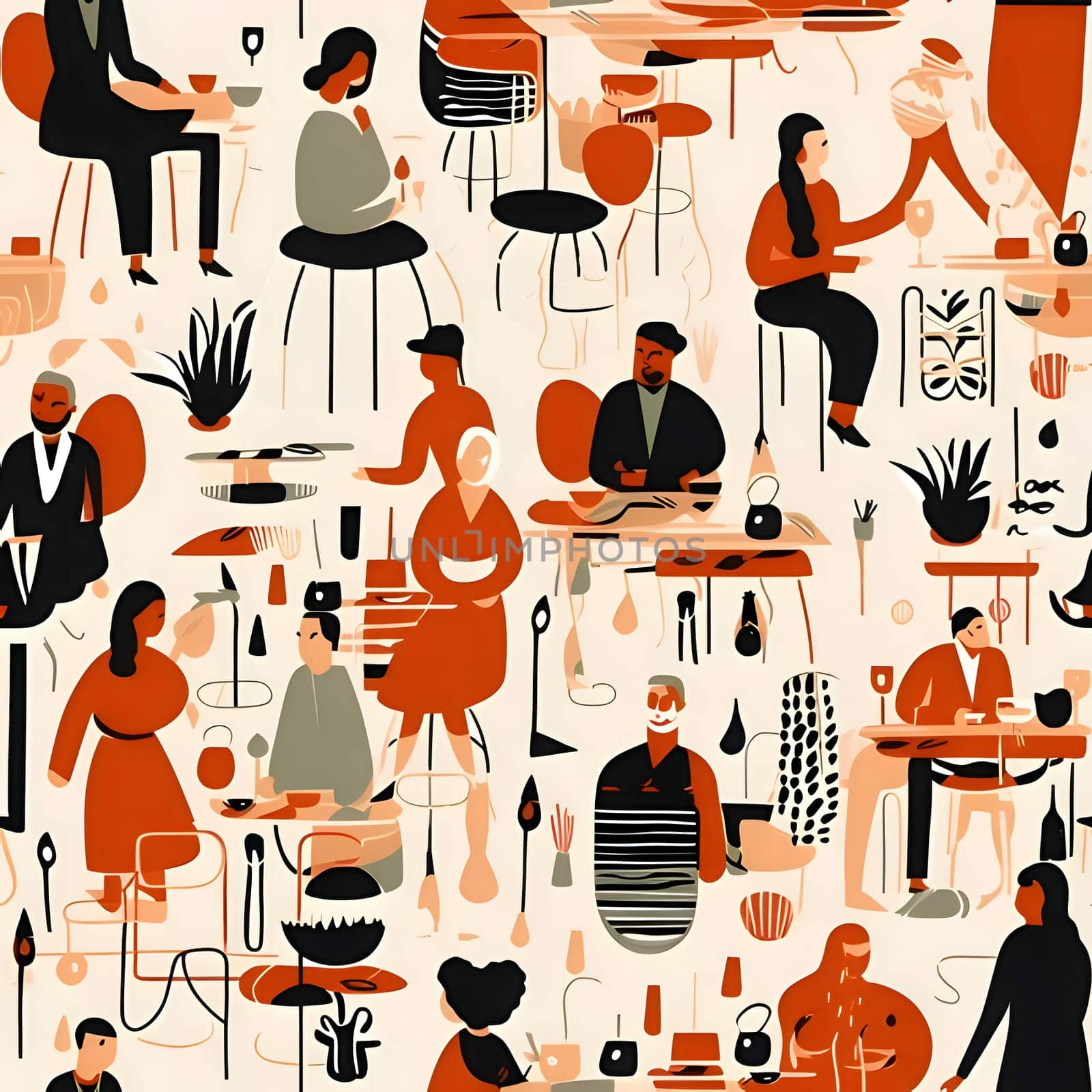 Seamless pattern with people in the cafe. Vector illustration. by ThemesS