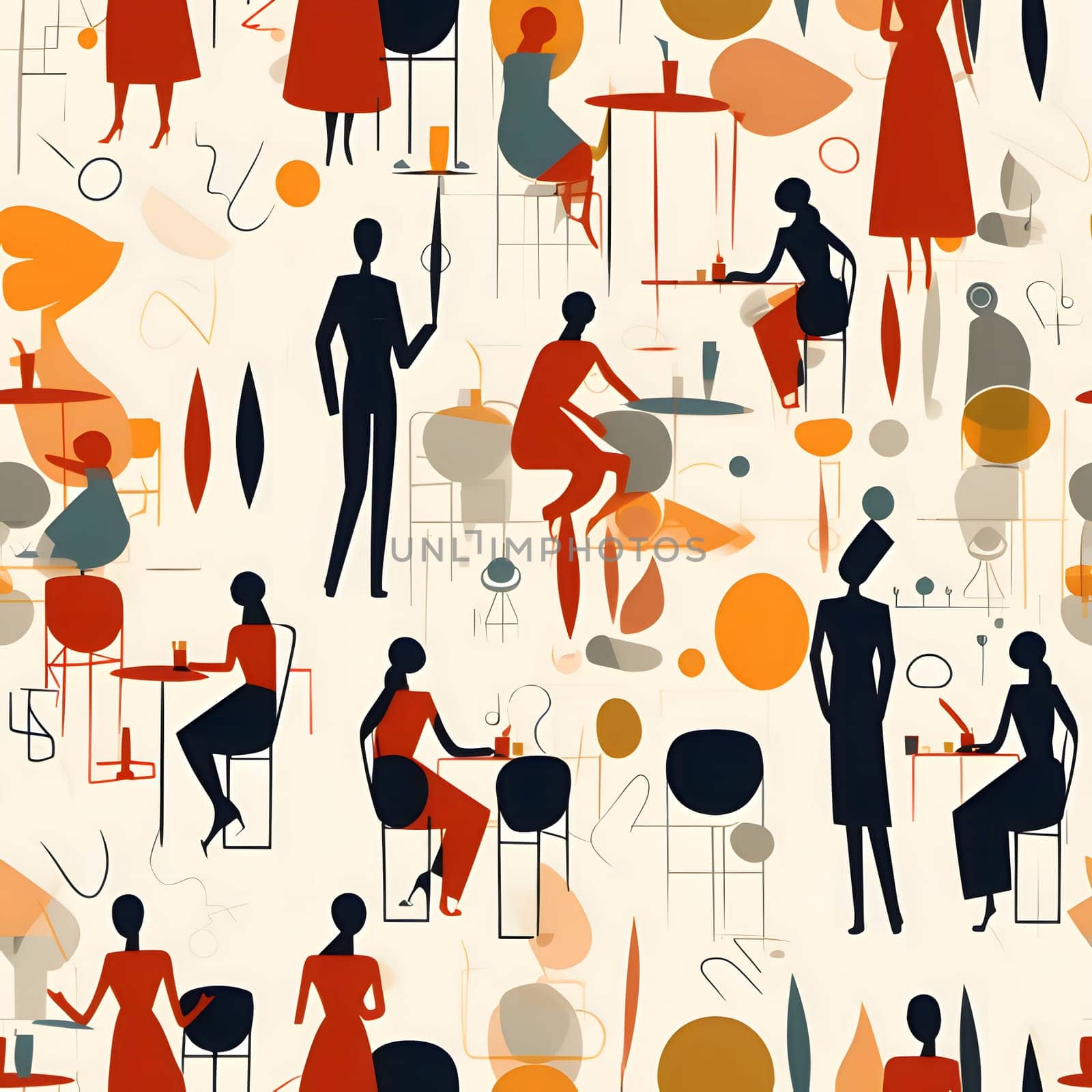 Patterns and banners backgrounds: Seamless pattern with silhouettes of people in a cafe.