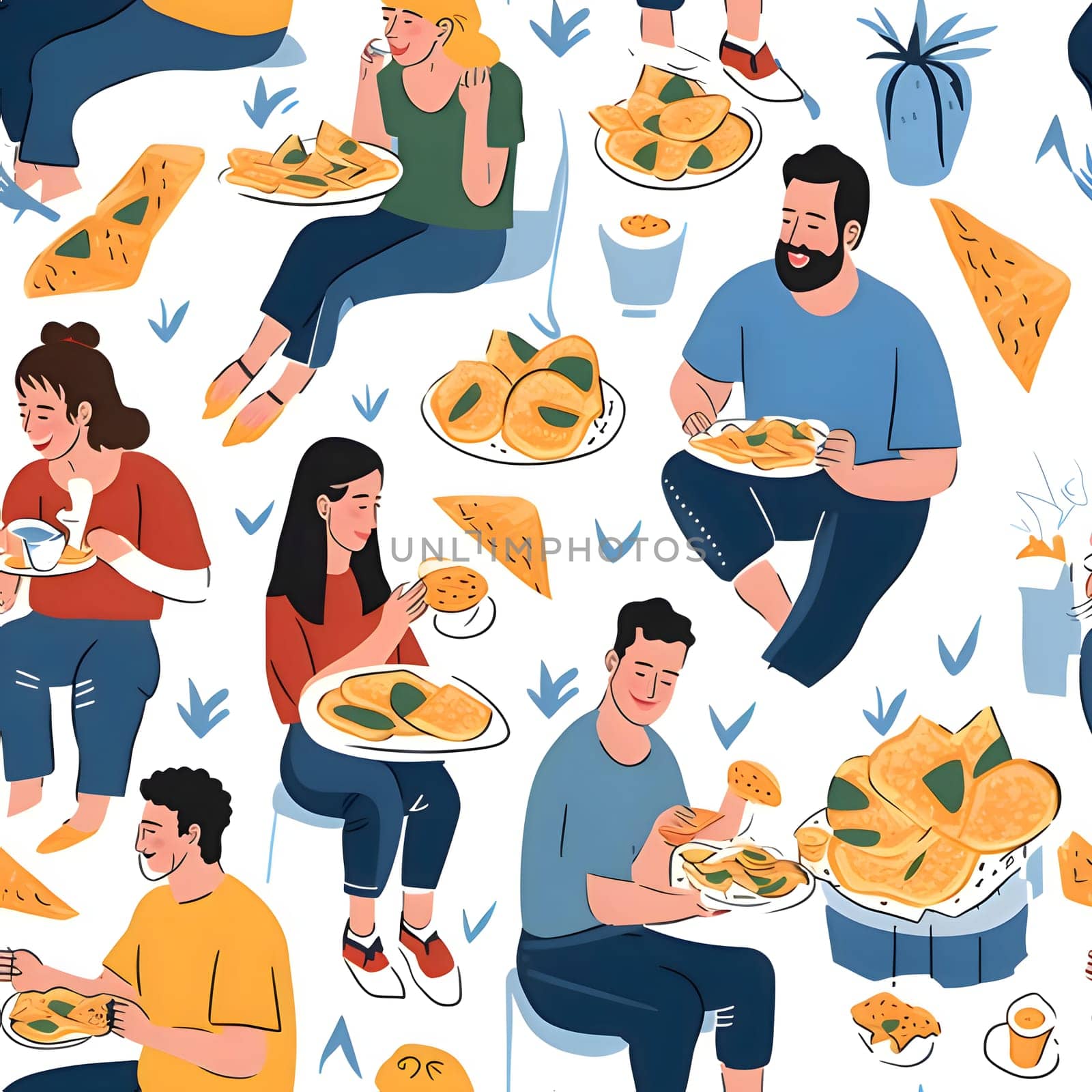 Patterns and banners backgrounds: Seamless pattern with people eating fast food. Vector illustration.