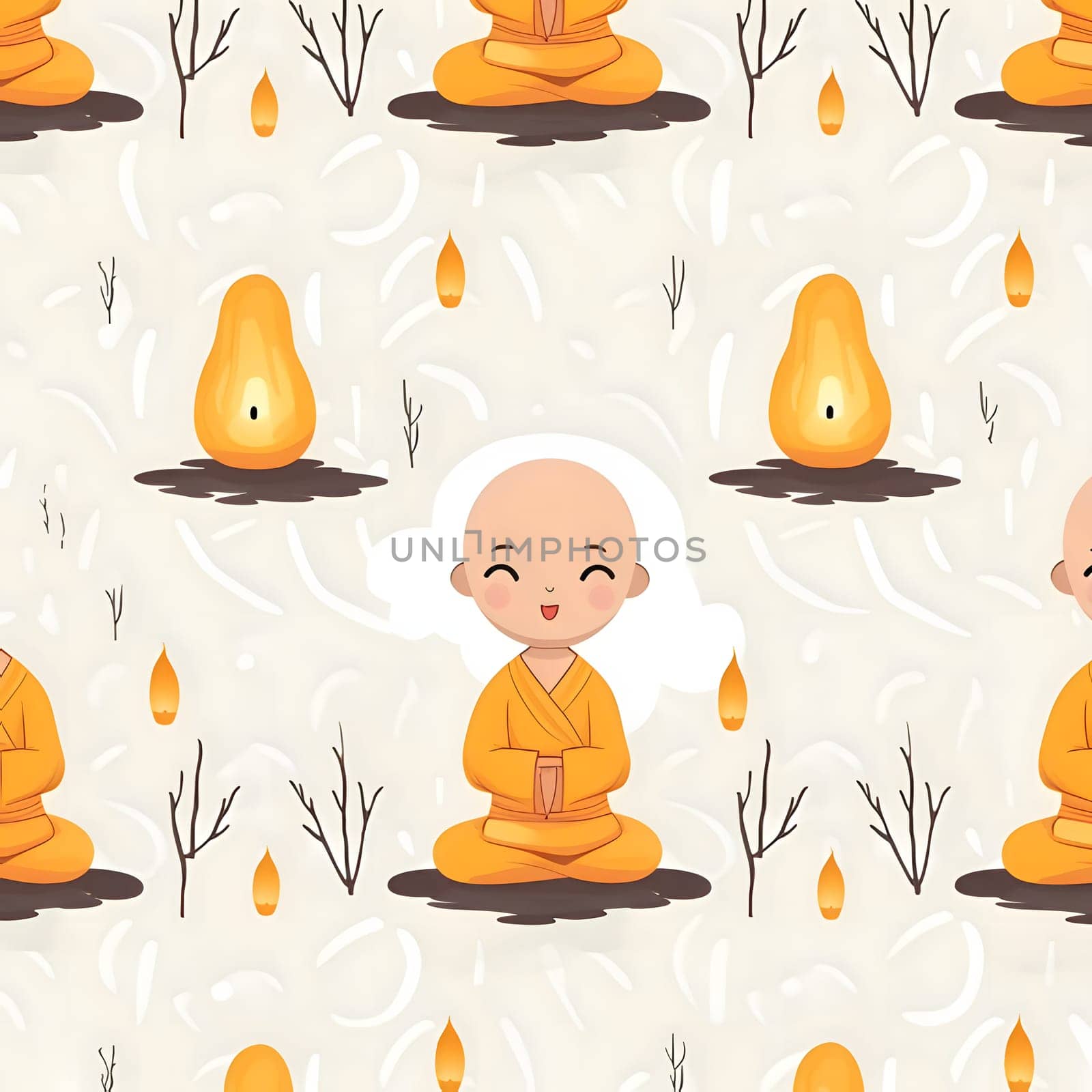 Seamless pattern with cute cartoon buddhist monk and candles by ThemesS