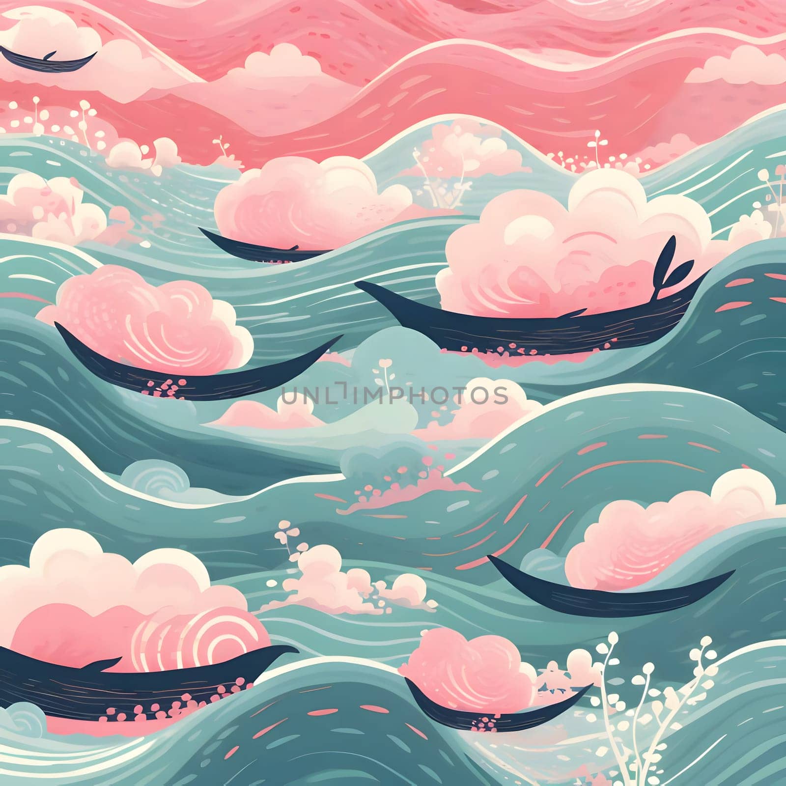 Patterns and banners backgrounds: Seamless pattern with whales and clouds. Vector illustration in retro style.