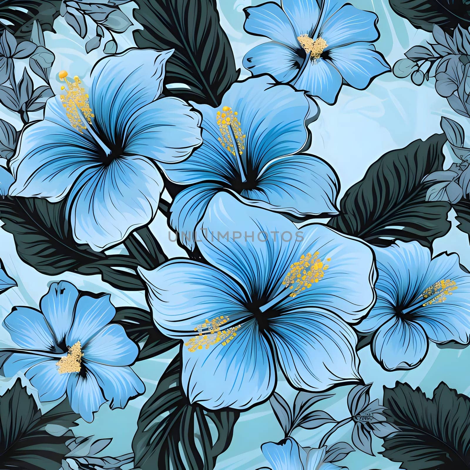 Seamless pattern with blue hibiscus flowers. Vector illustration. by ThemesS