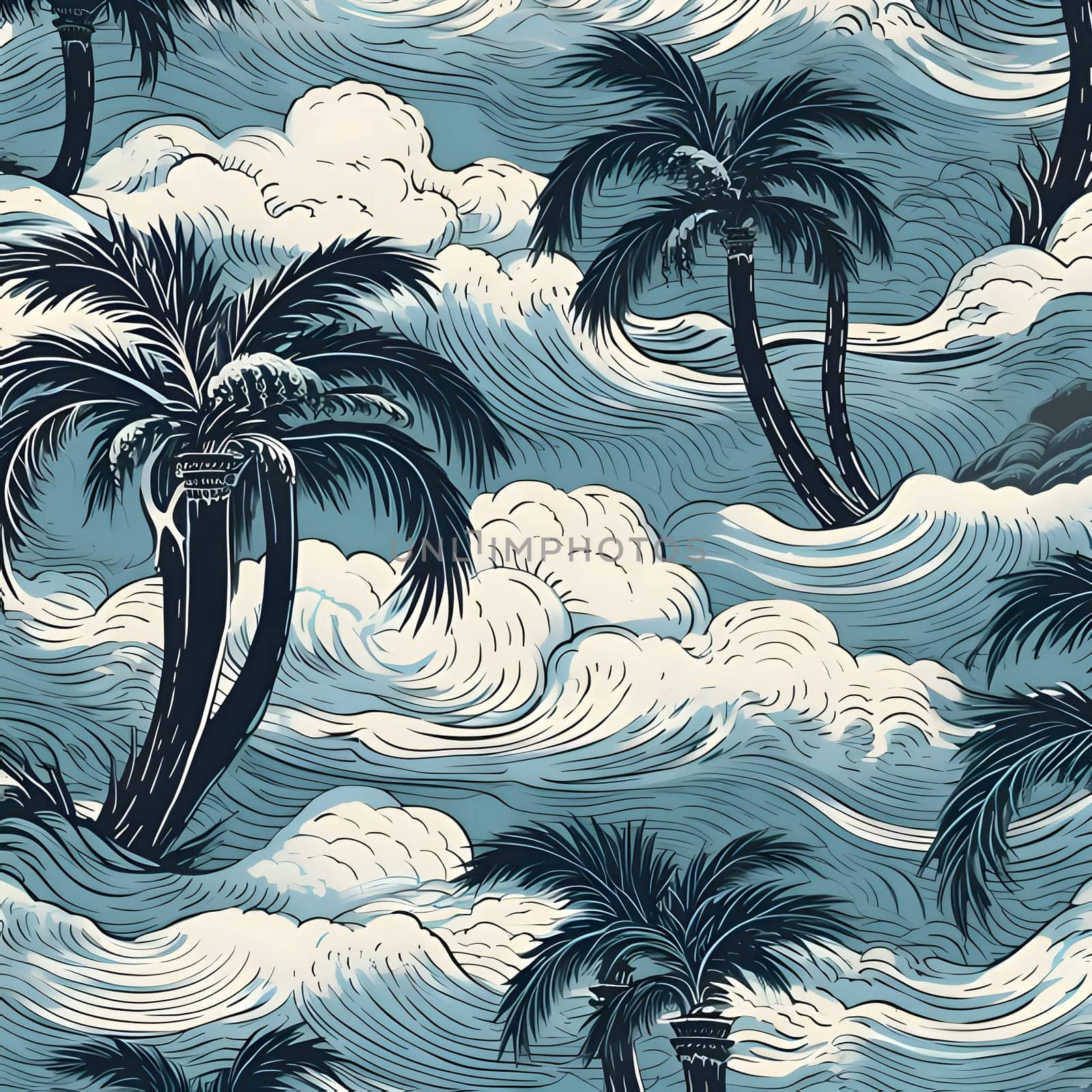 Seamless pattern with palm trees and waves. Vector illustration. by ThemesS